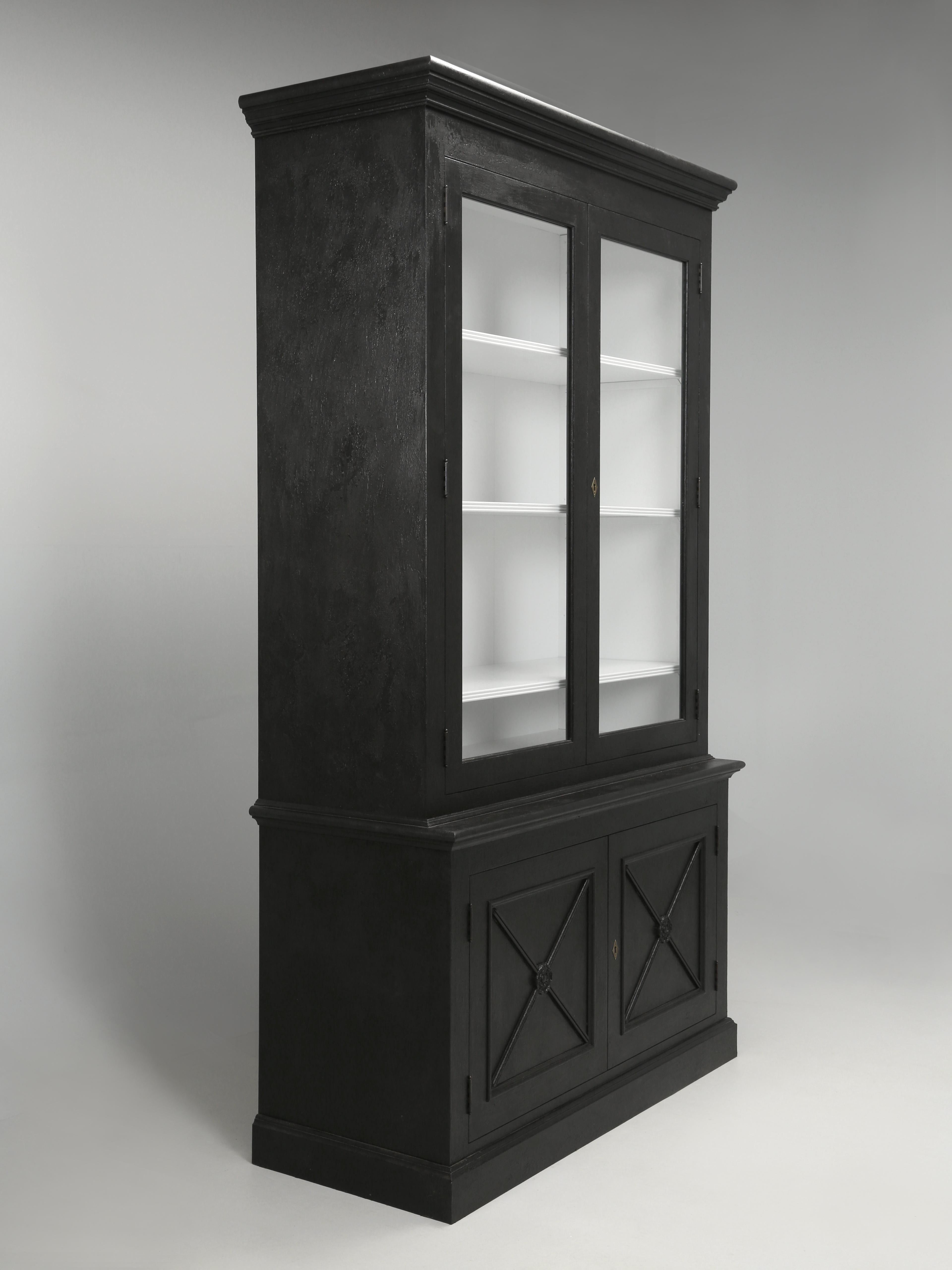 Handmade Country French style glazed bookcase, display cabinet or china cabinet. Our Directoire style bookcase or china cabinet was hand-crafted right here in our Old Plank workshop. As these are custom pieces, you can select your colors inside and