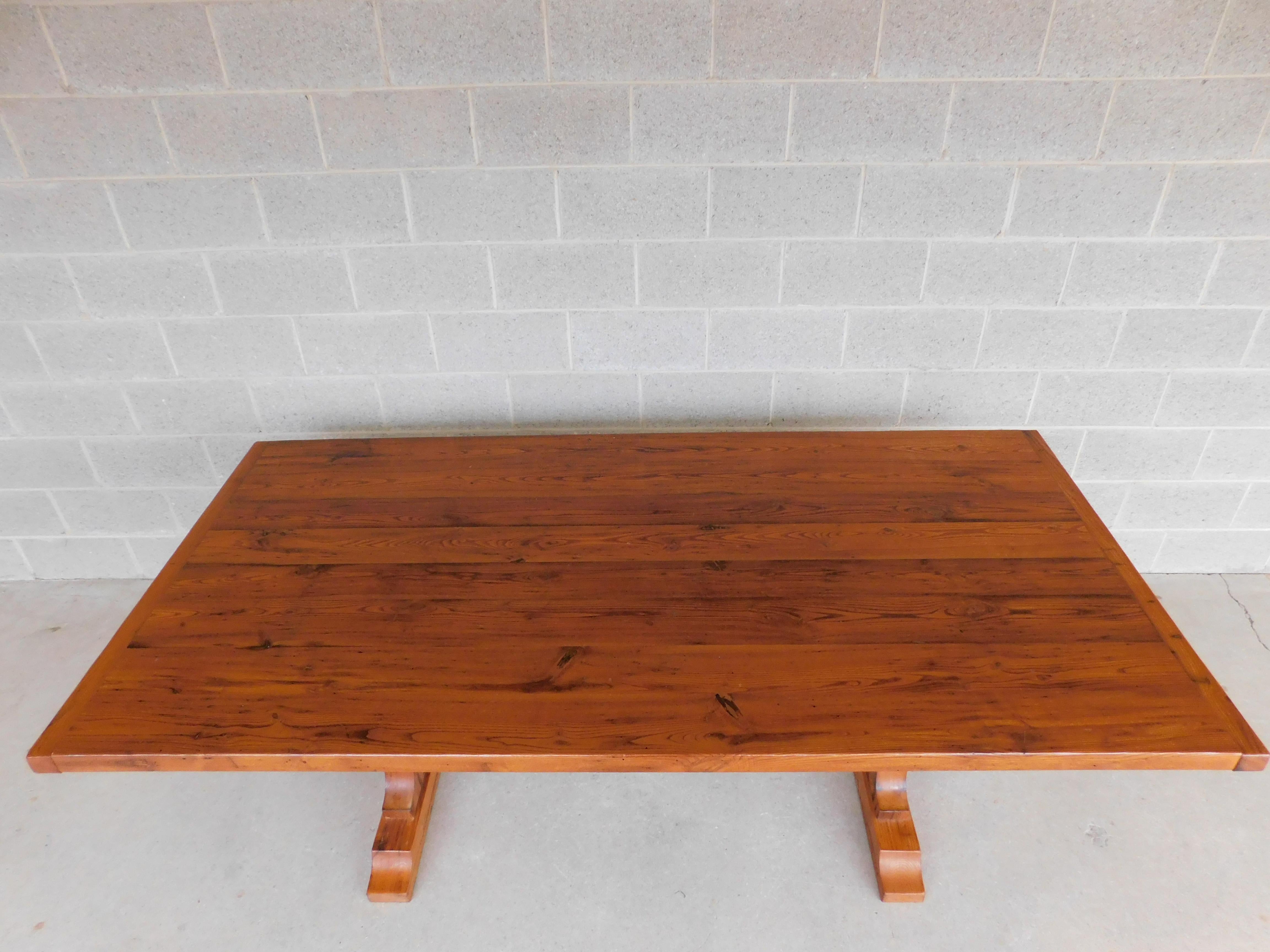 American Classical Custom Hand Made Reclaimed Chestnut Wood Top Trestle Base Dining Table