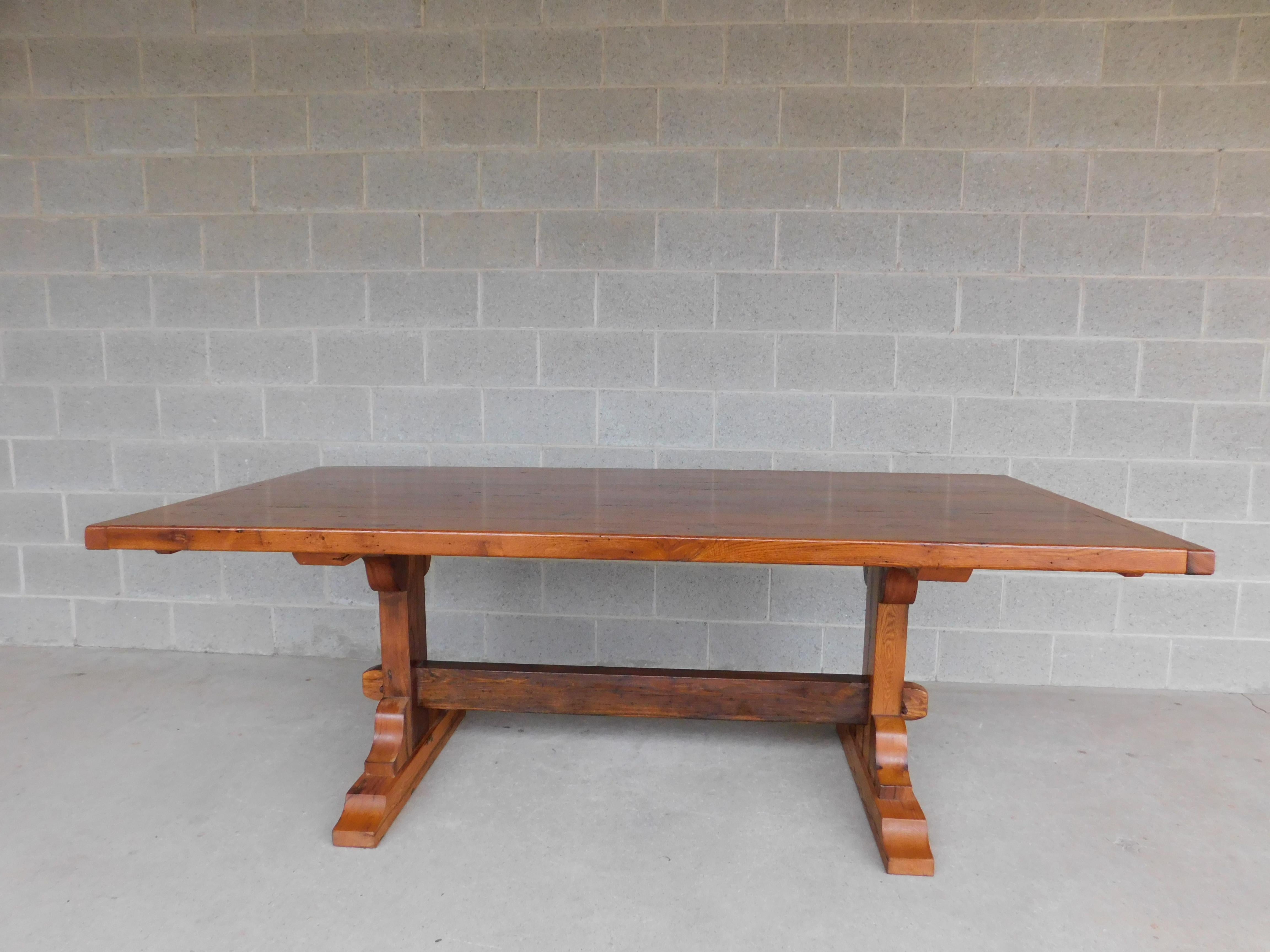 Custom Hand Made Reclaimed Chestnut Wood Top Trestle Base Dining Table In Good Condition In Parkesburg, PA