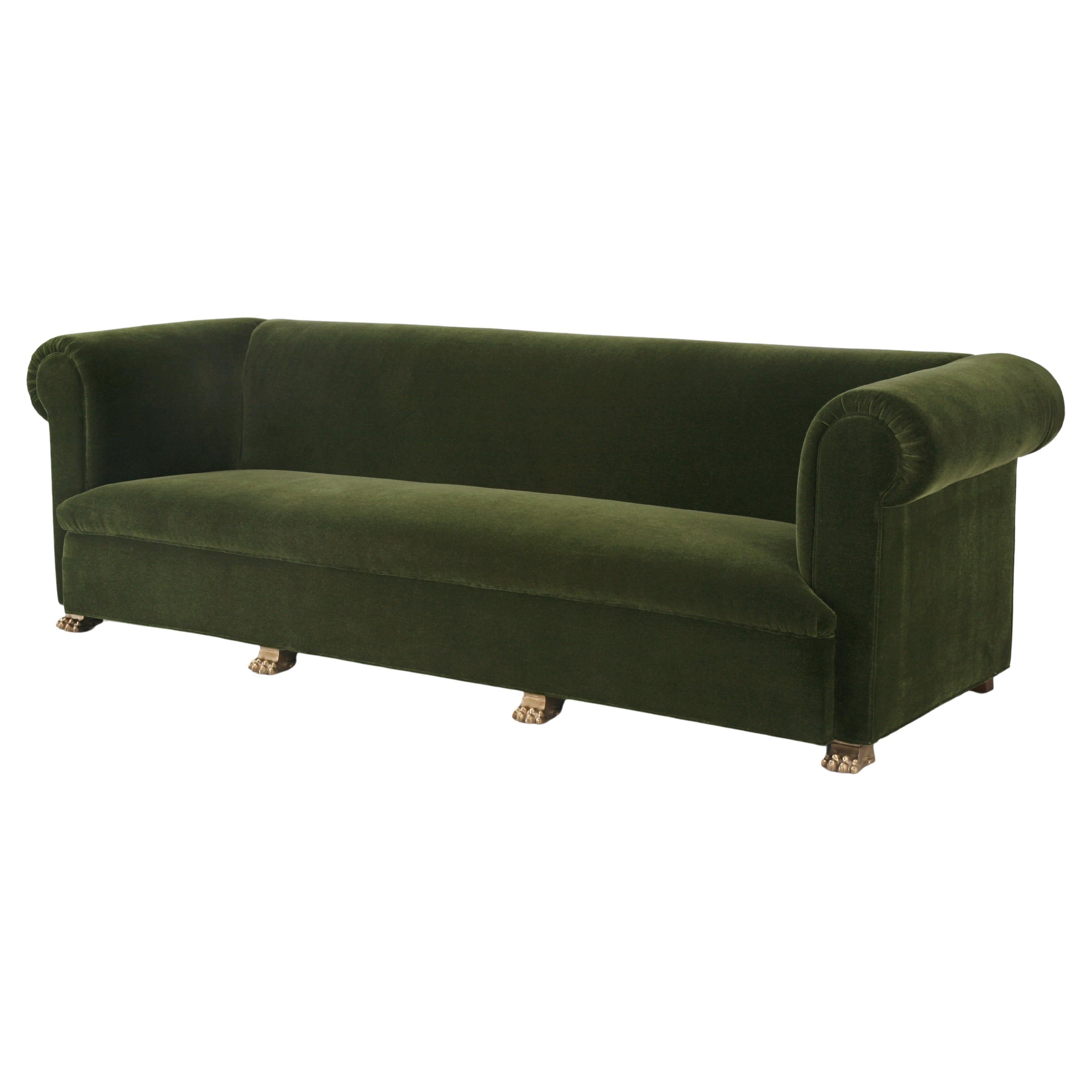 Custom Hand-Made Sofa Any Dimension, Brass Lion Paw Feet, with Horsehair, Cotton