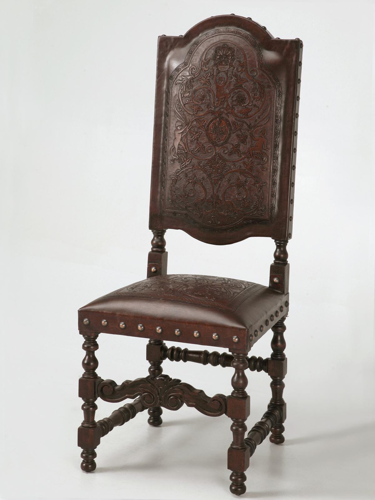 Custom Hand-Made Spanish Style Tooled Leather Side Chairs Special Order Only For Sale 1