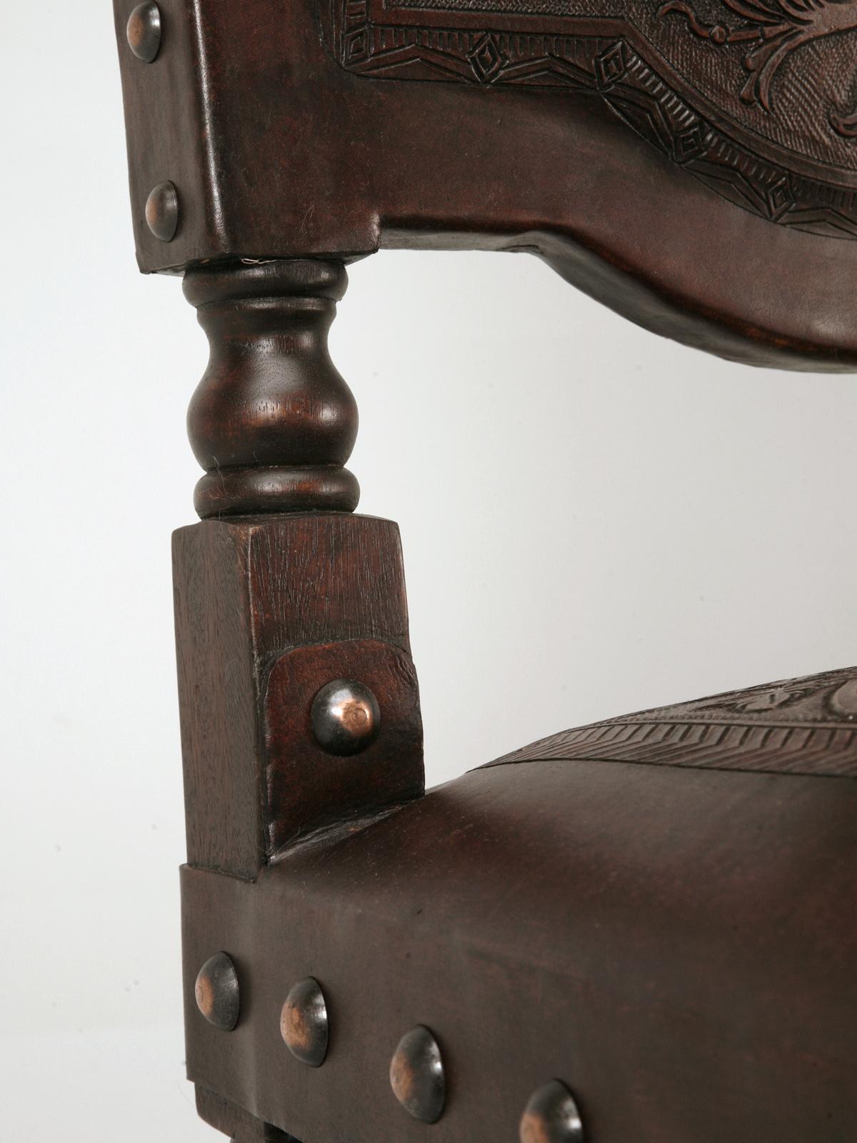 Spanish Colonial Custom Hand-Made Spanish Style Tooled Leather Side Chairs Special Order Only For Sale