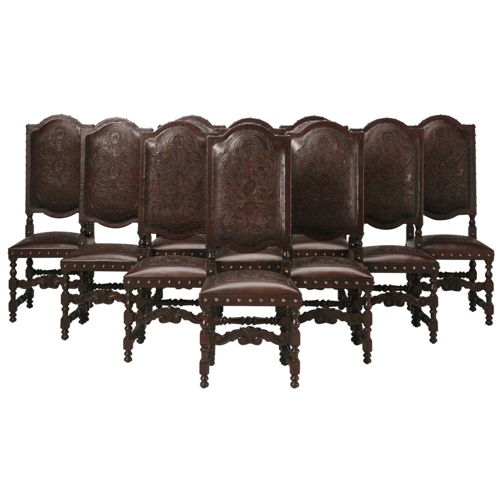 Custom Hand-Made Spanish Style Tooled Leather Side Chairs Special Order Only For Sale