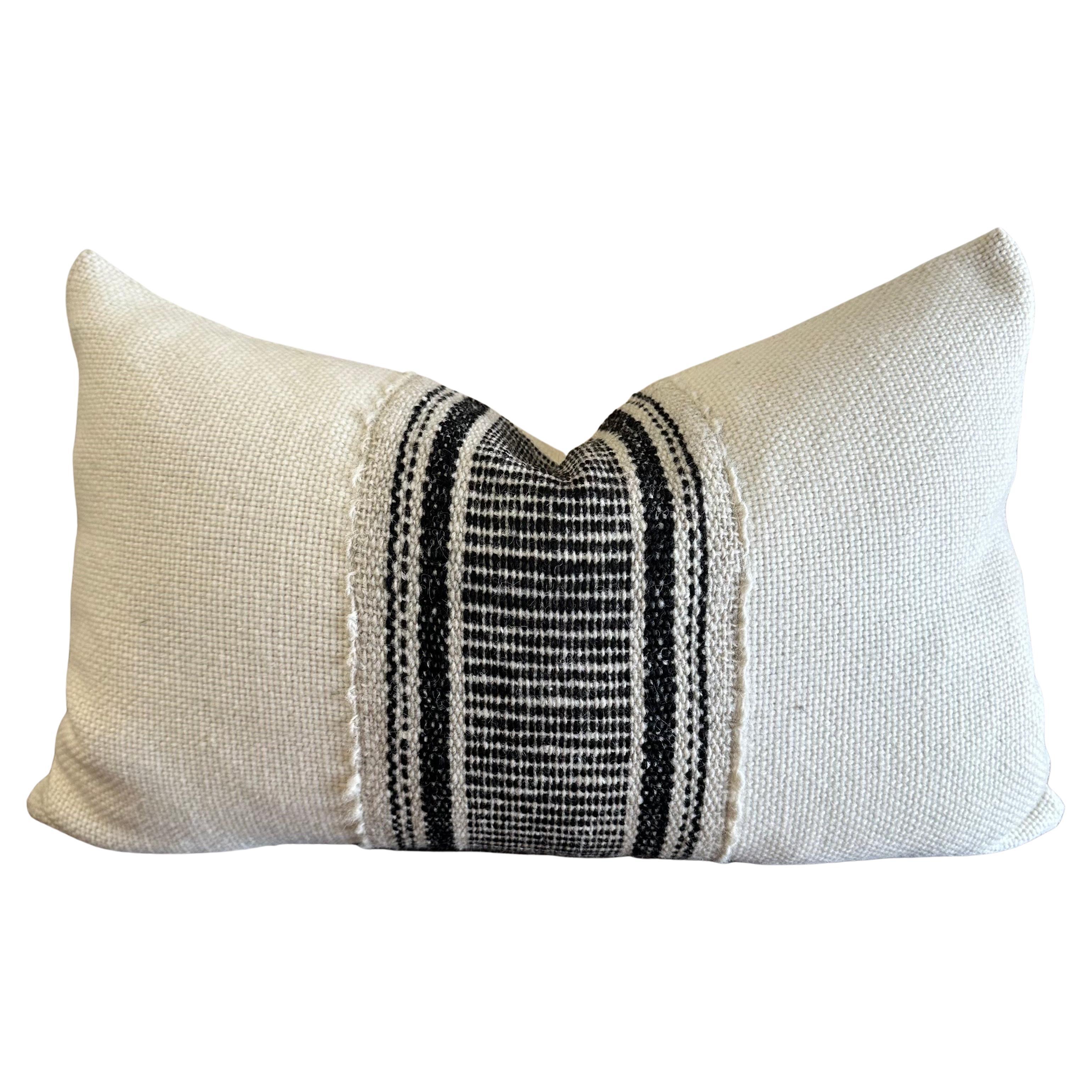 Custom Handmade Wool Pillow with Black Stripes Includes Down Feather Insert For Sale