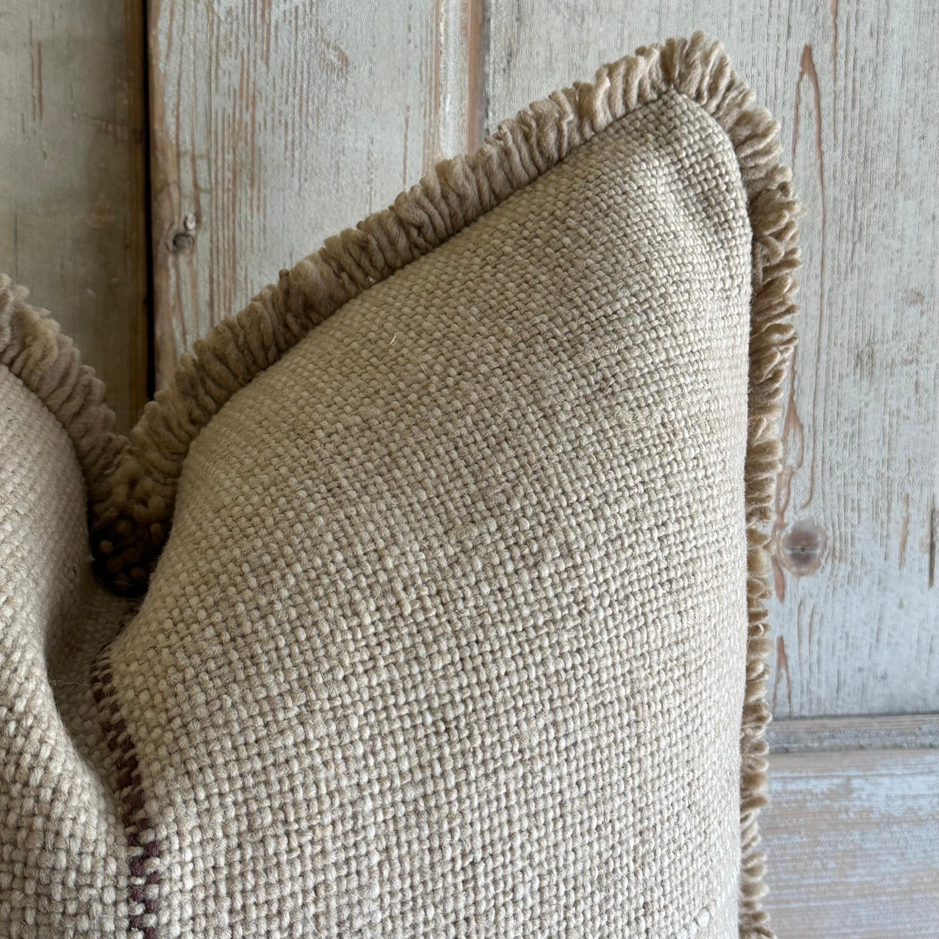 Custom Hand Made Wool Pillow with Fringe Includes Down Feather Insert In New Condition For Sale In Old Town Orange, CA