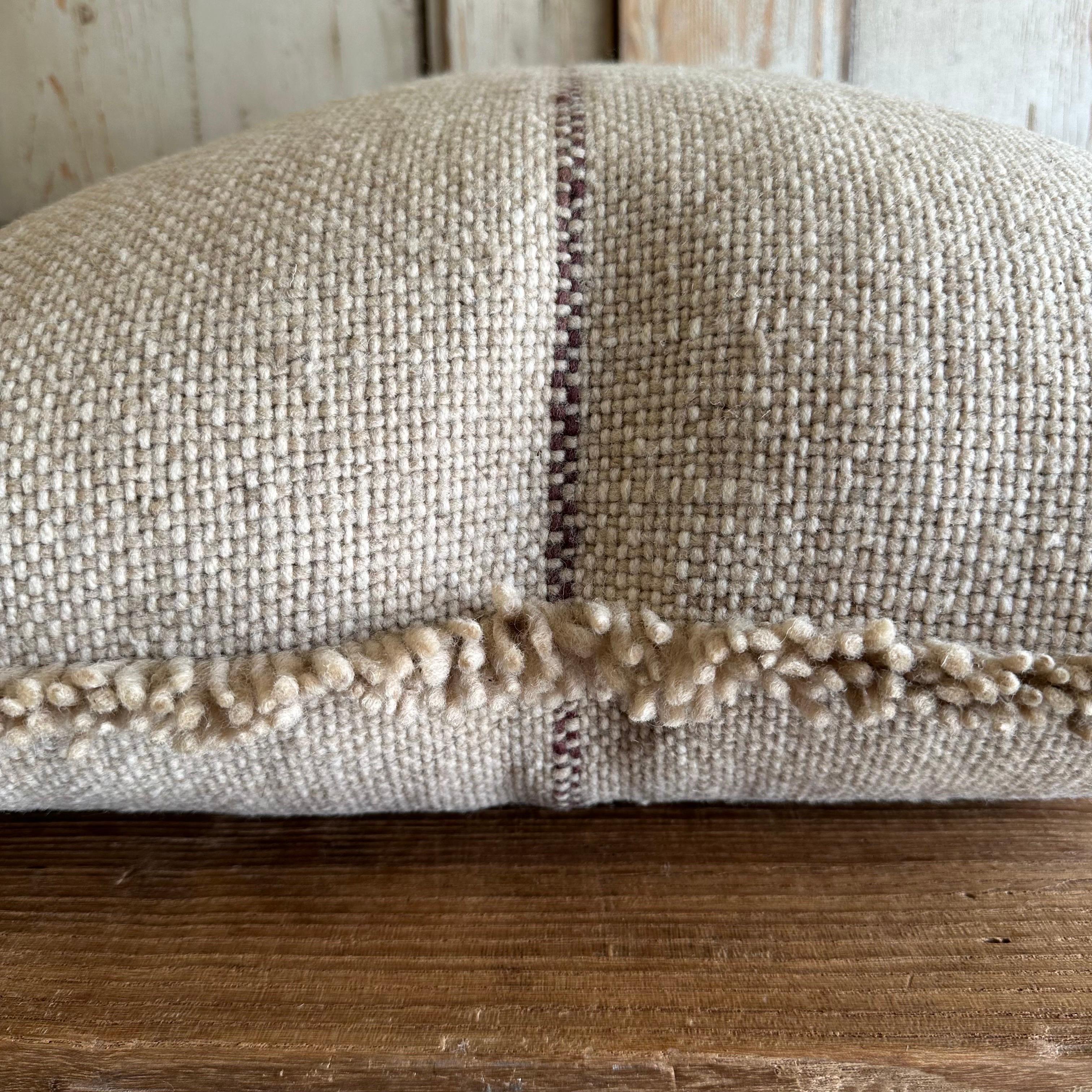 Contemporary Custom Hand Made Wool Pillow with Fringe Includes Down Feather Insert For Sale