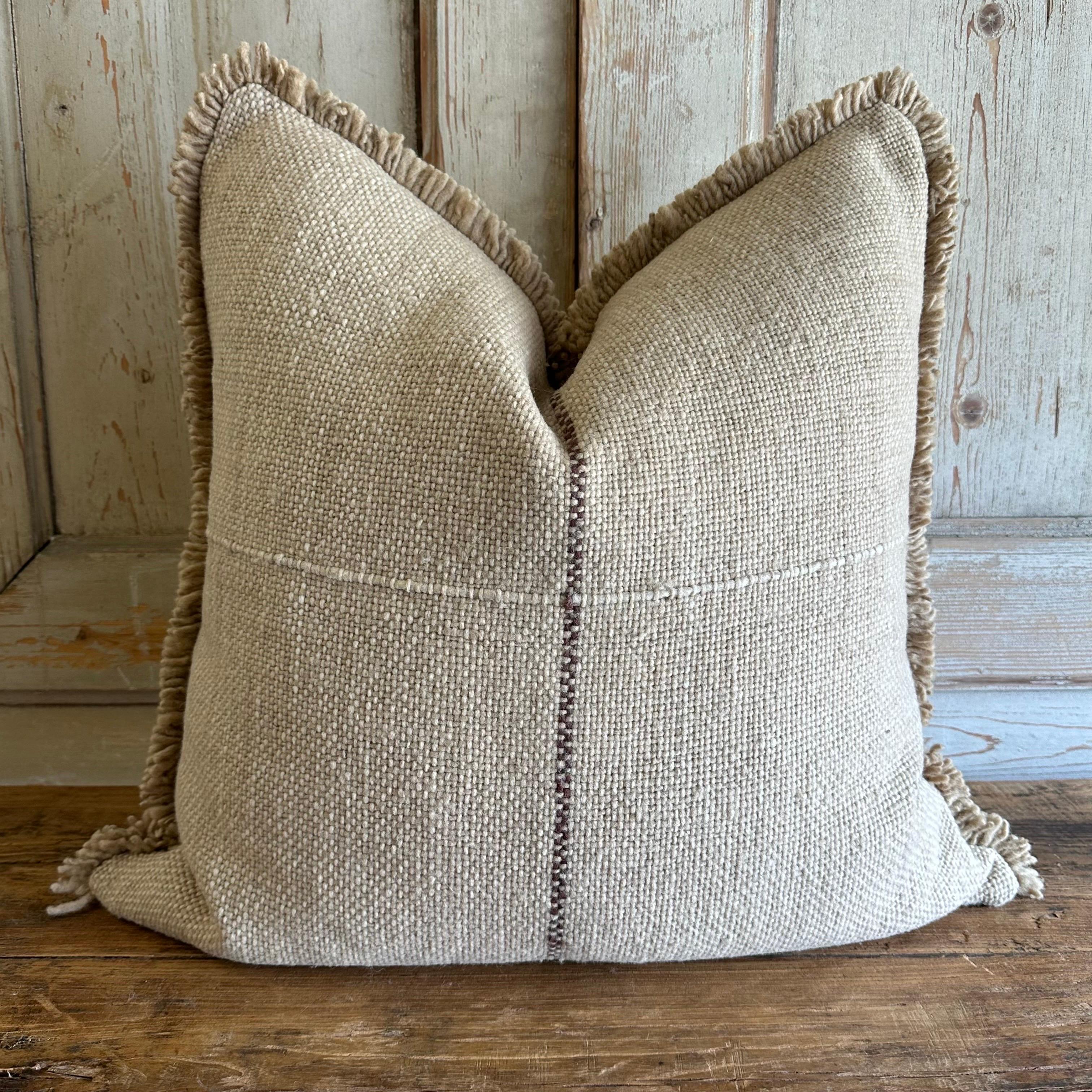 Custom Hand Made Wool Pillow with Fringe Includes Down Feather Insert For Sale 1