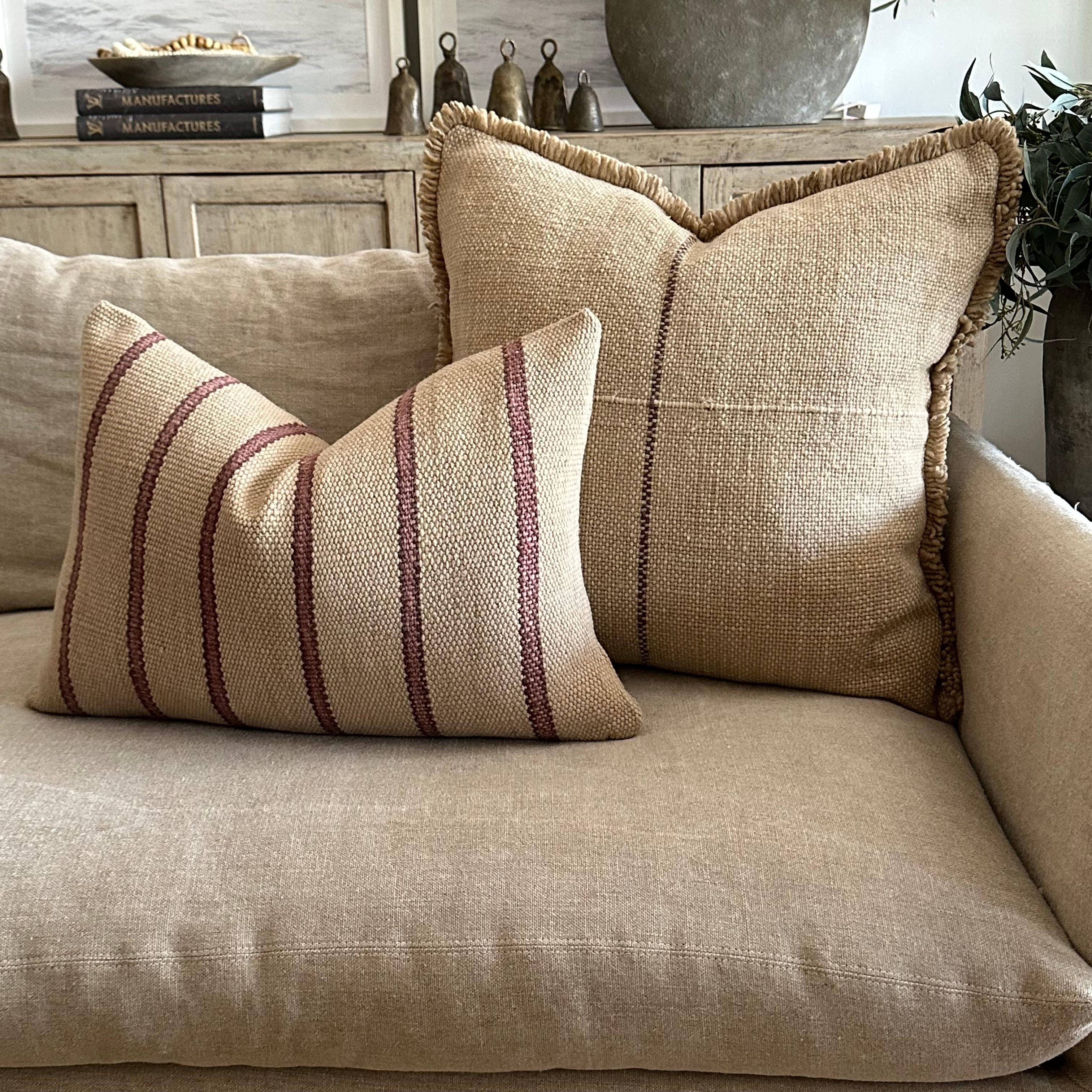 Custom Hand Made Wool Pillow with Fringe Includes Down Feather Insert For Sale 2