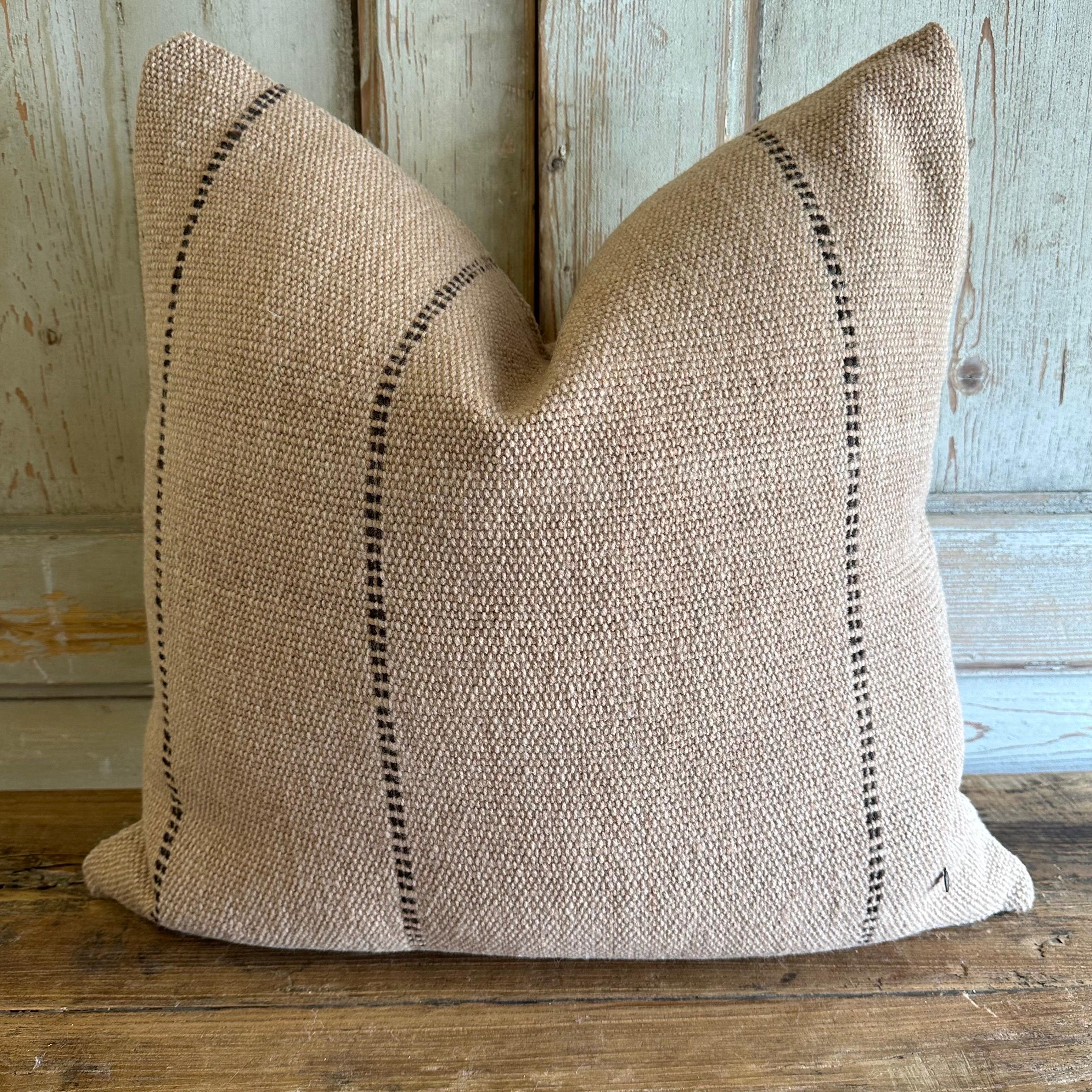 Custom Hand Made Wool Pillow with Stripes Includes Down Feather Insert For Sale 2