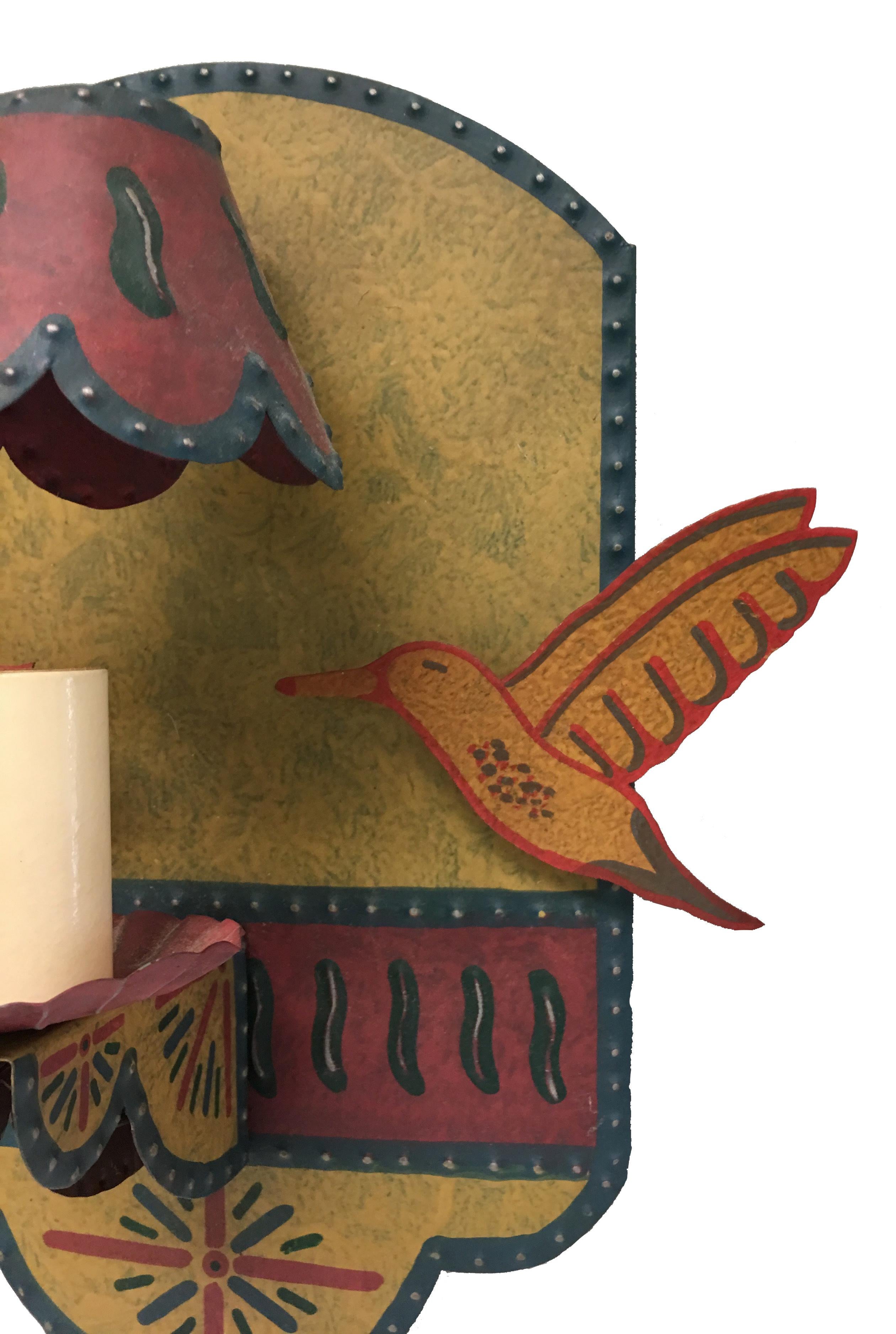 American Custom Hand-Painted Bird Motif Tole Wall Sconce