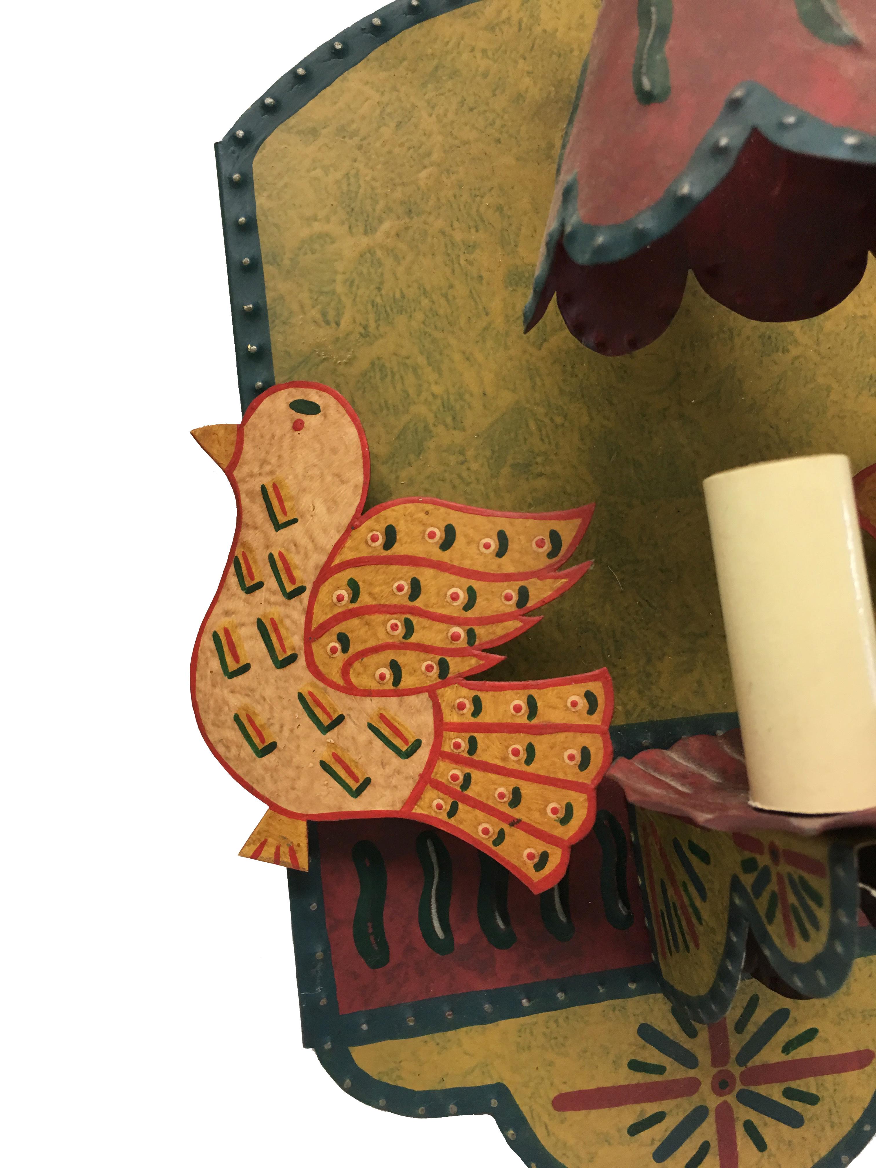 Custom Hand-Painted Bird Motif Tole Wall Sconce In Good Condition In Stamford, CT