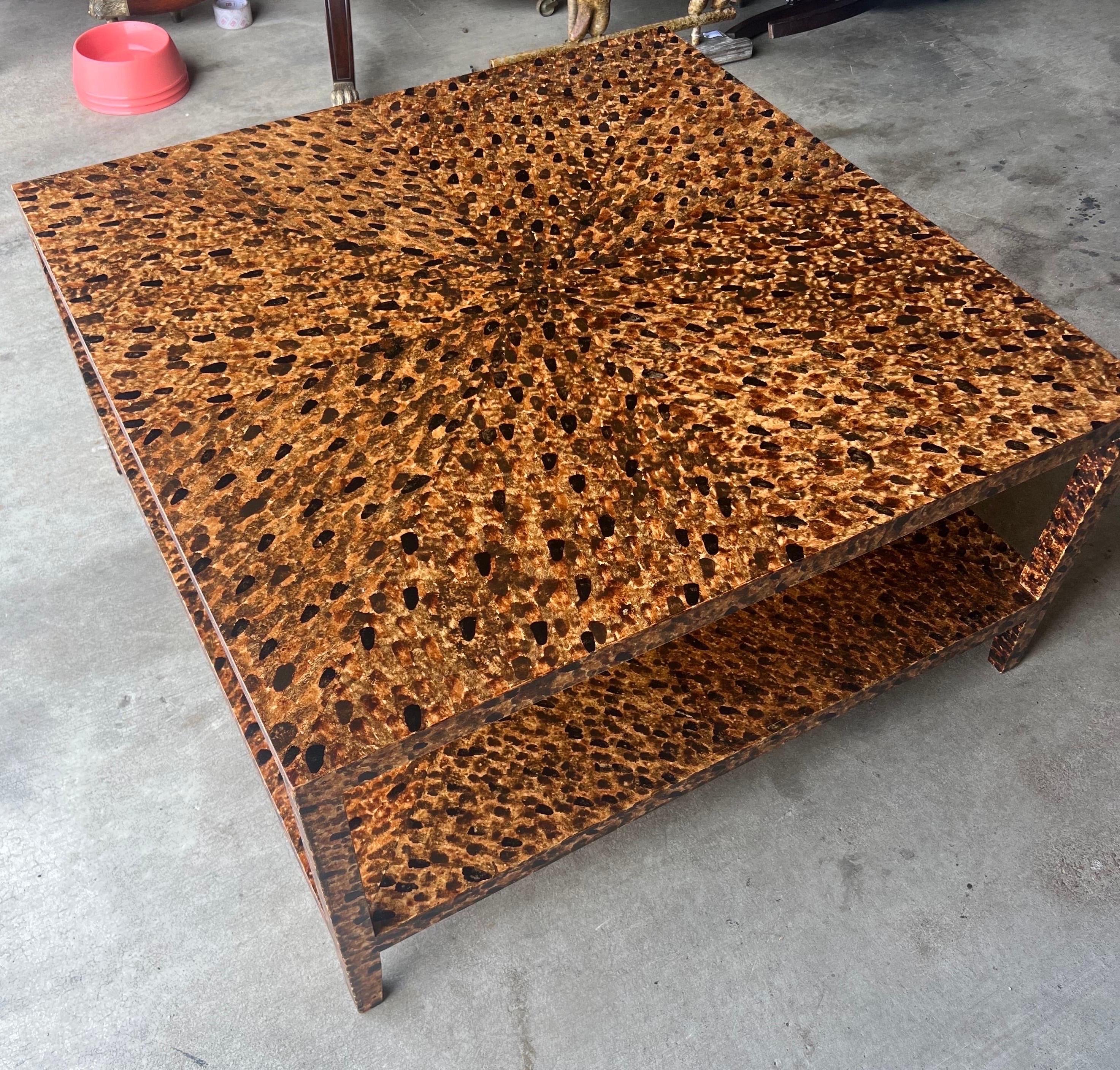 Custom made to order cocktail tables by “The Fabulous Things” with hand painted finishes. The one shown here is in our faux tortoiseshell. 

Standard size(shown) of 40x40x20” high can be finished in 4-6 weeks. Custom sizes also available and ready