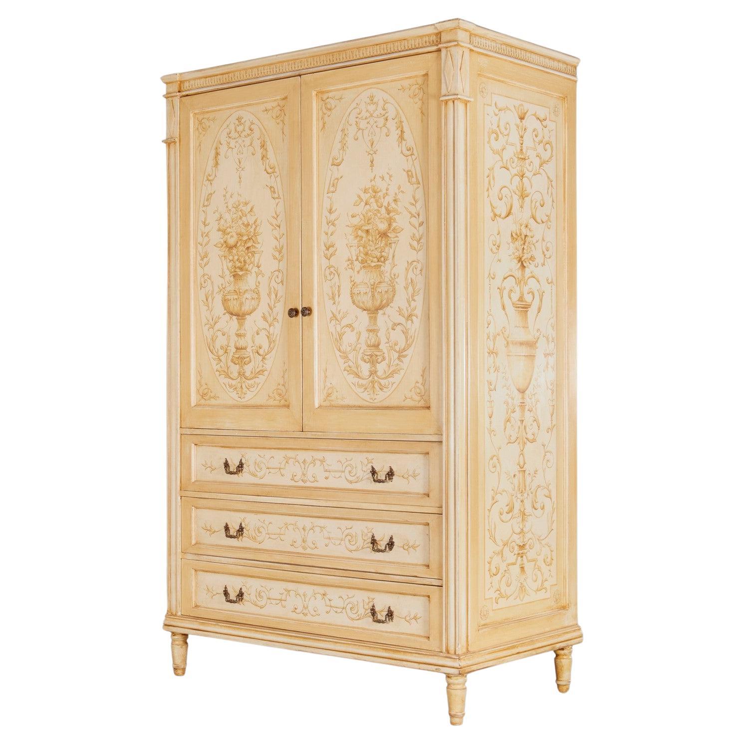 Custom Hand Painted Louis XVI Style Armoire by Ned Marshall Interiors, Inc. For Sale