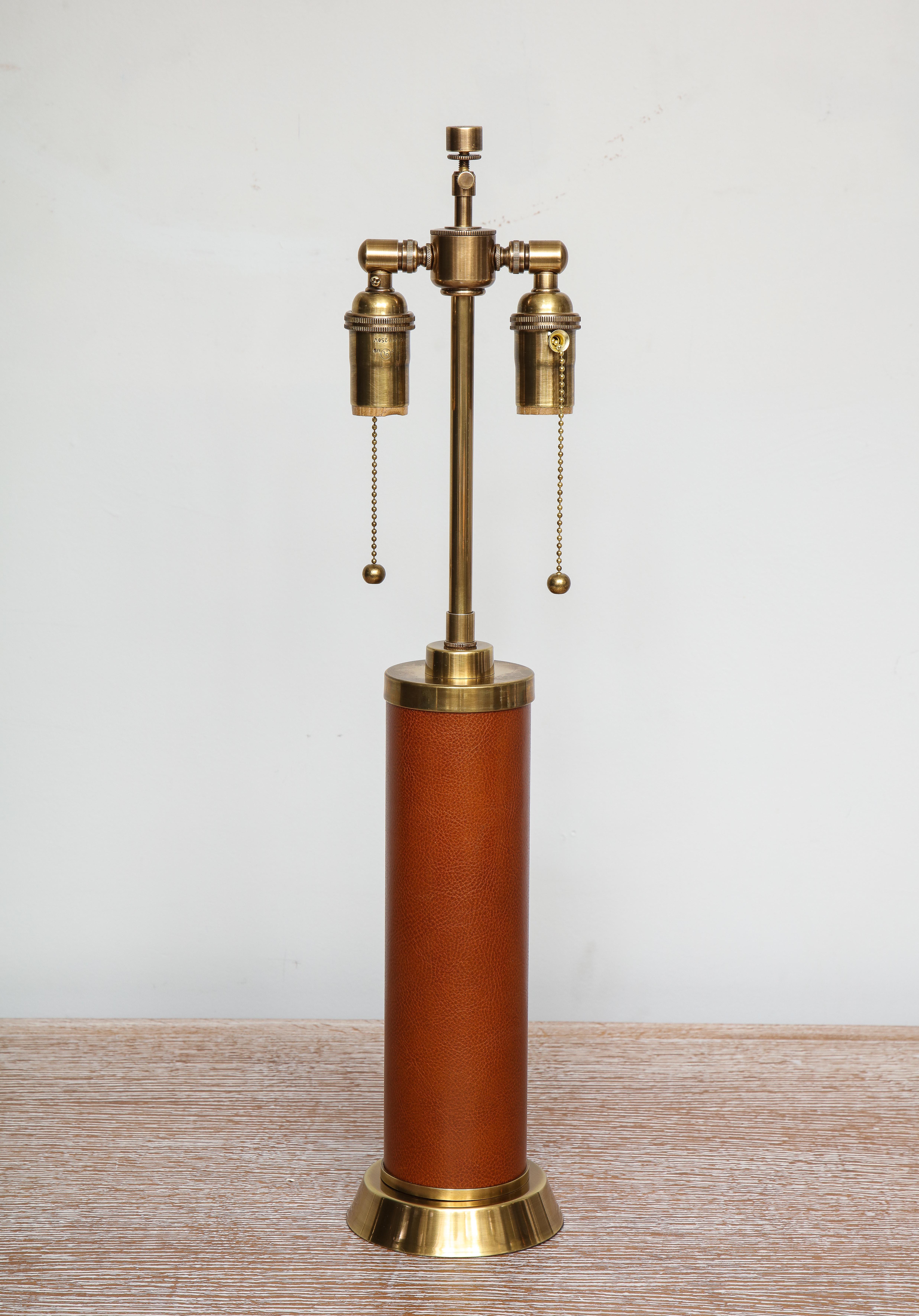 American Custom Handstitched Leather and Brass Lamp For Sale