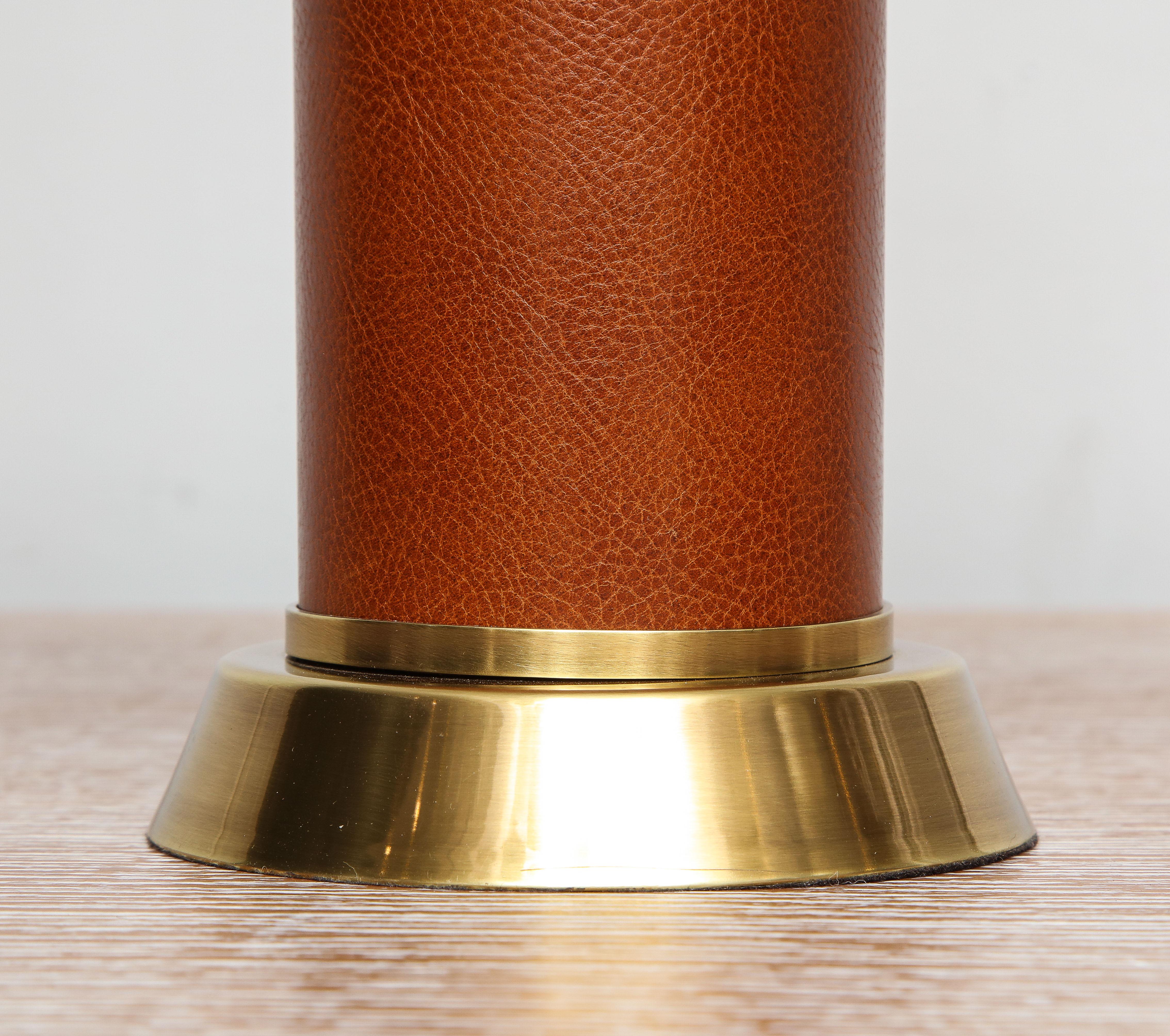 Custom Handstitched Leather and Brass Lamp For Sale 2