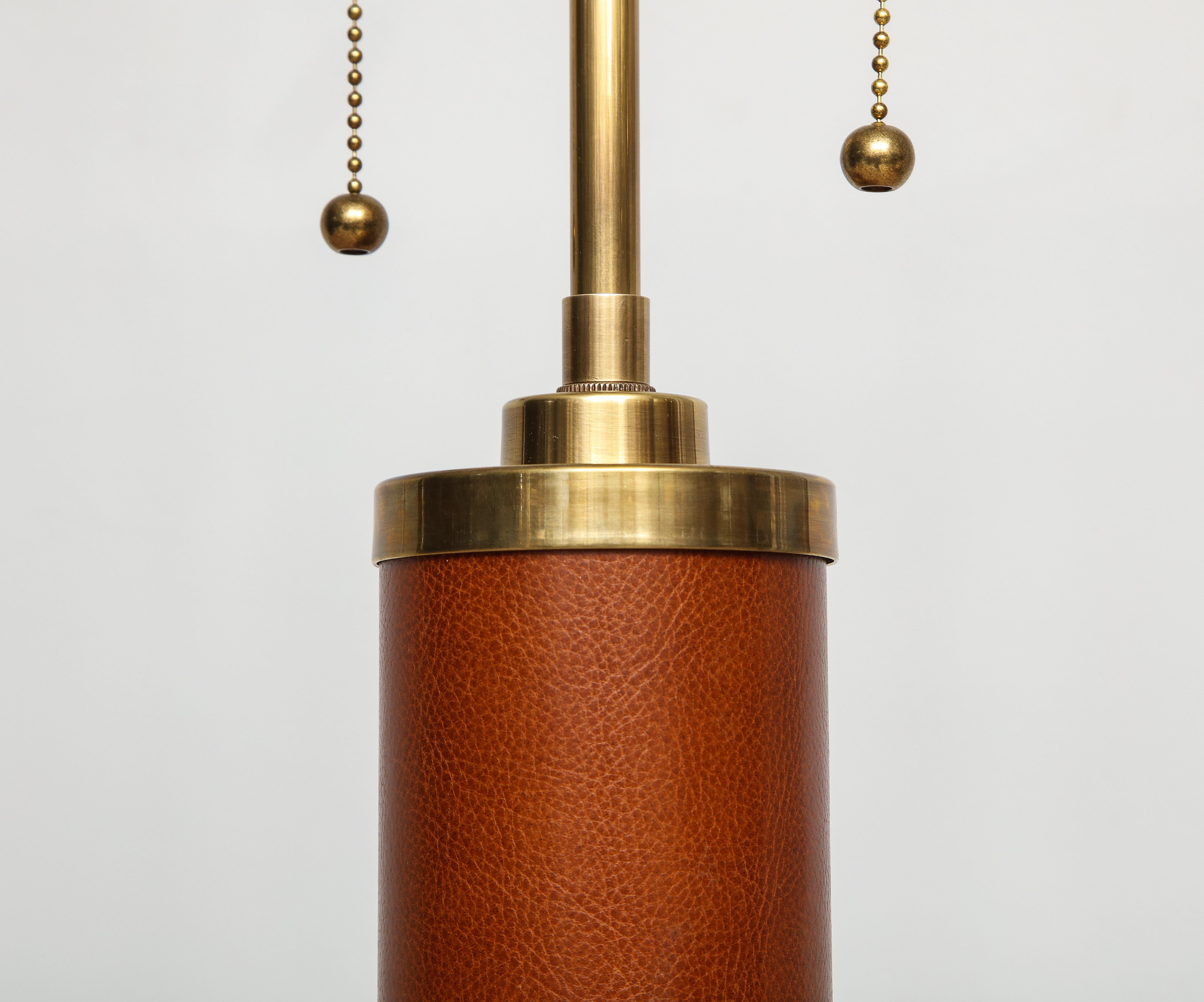 Contemporary Custom Handstitched Leather and Brass Lamp For Sale