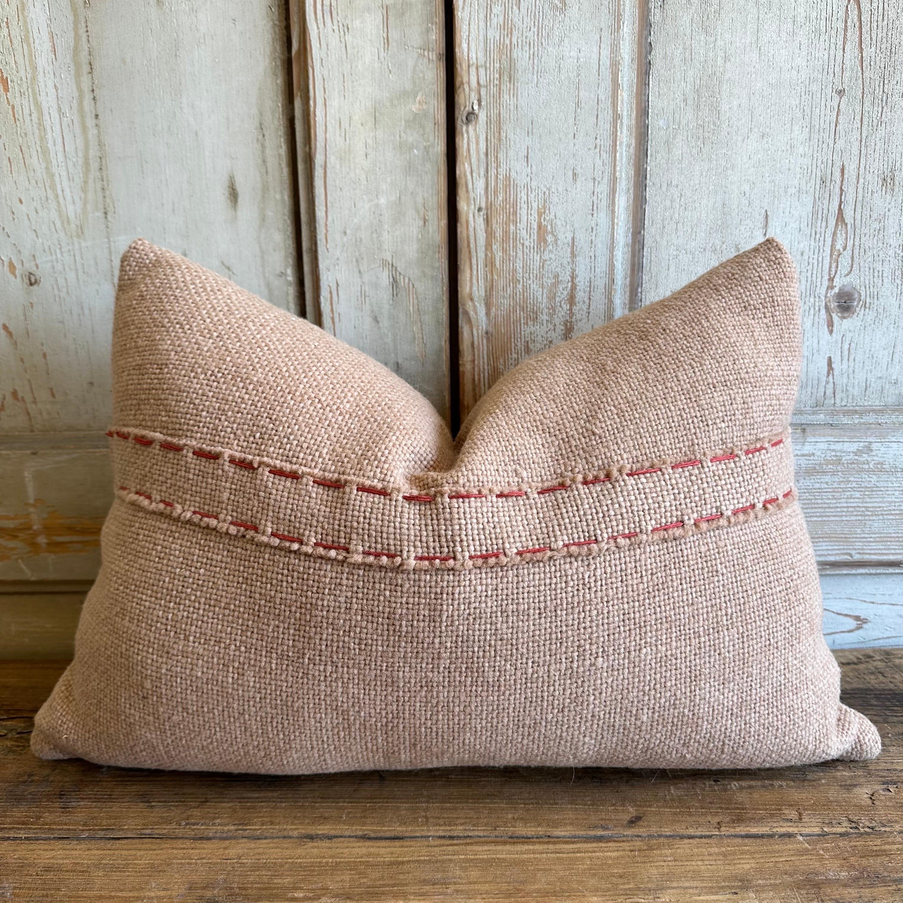 Organic Modern Custom Hand Stitched Wool Patchwork Pillow in Blush Wool For Sale