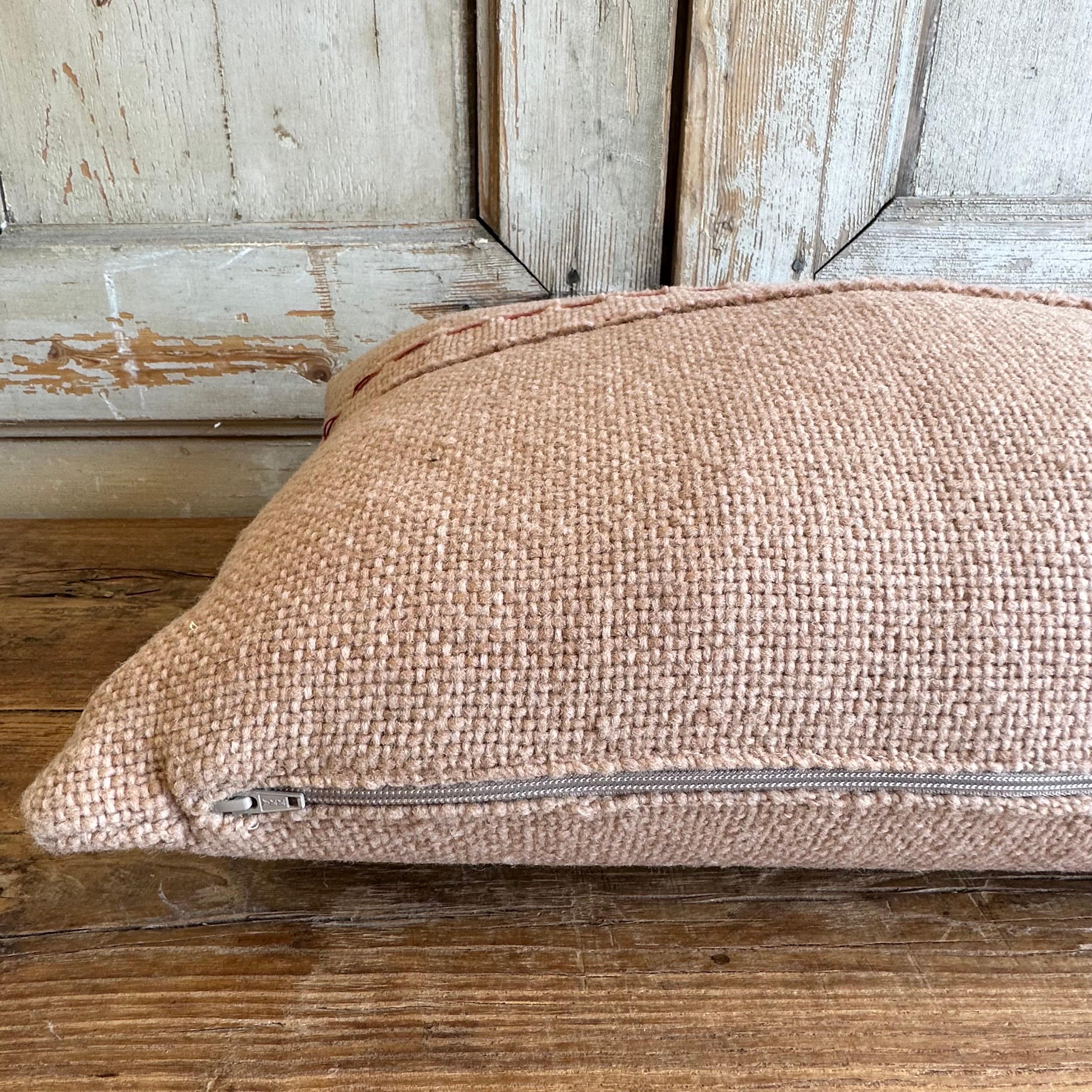 Contemporary Custom Hand Stitched Wool Patchwork Pillow in Blush Wool For Sale