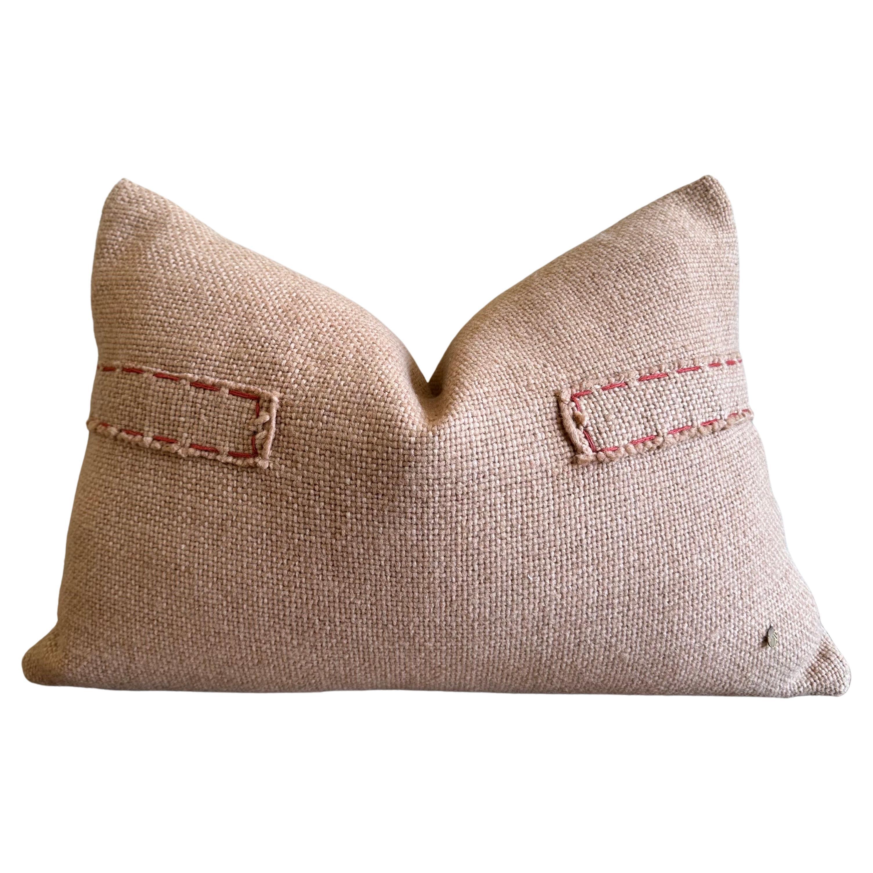 Custom Hand Stitched Wool Patchwork Pillow in Blush Wool For Sale