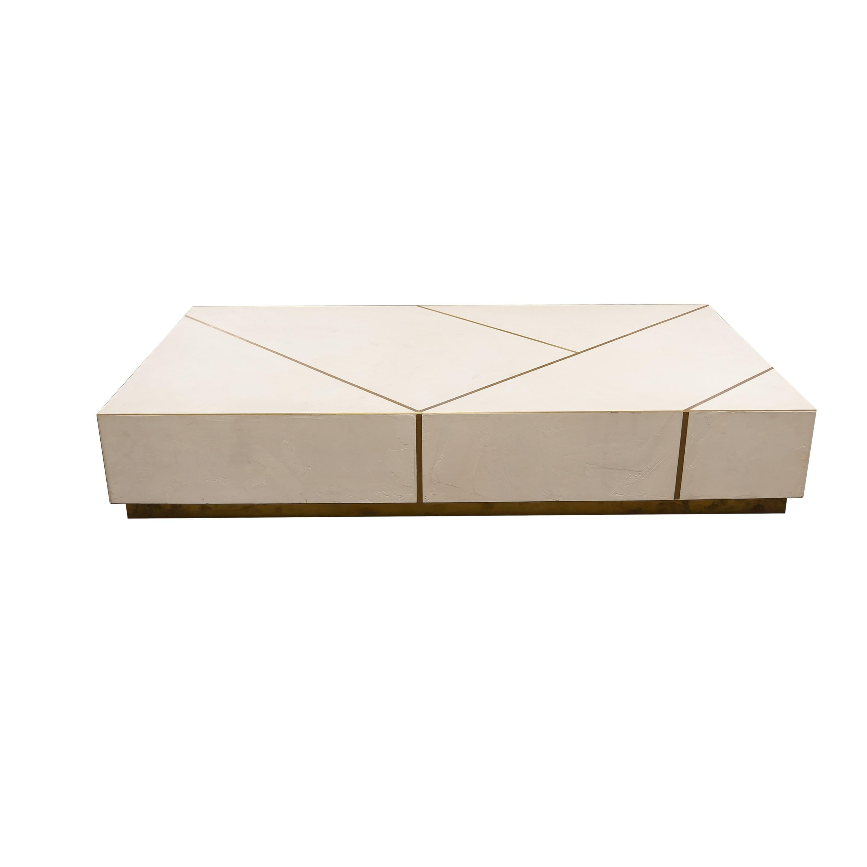Modern Custom Hand Troweled Plaster and Brass Coffee Table by Michael Habachy For Sale