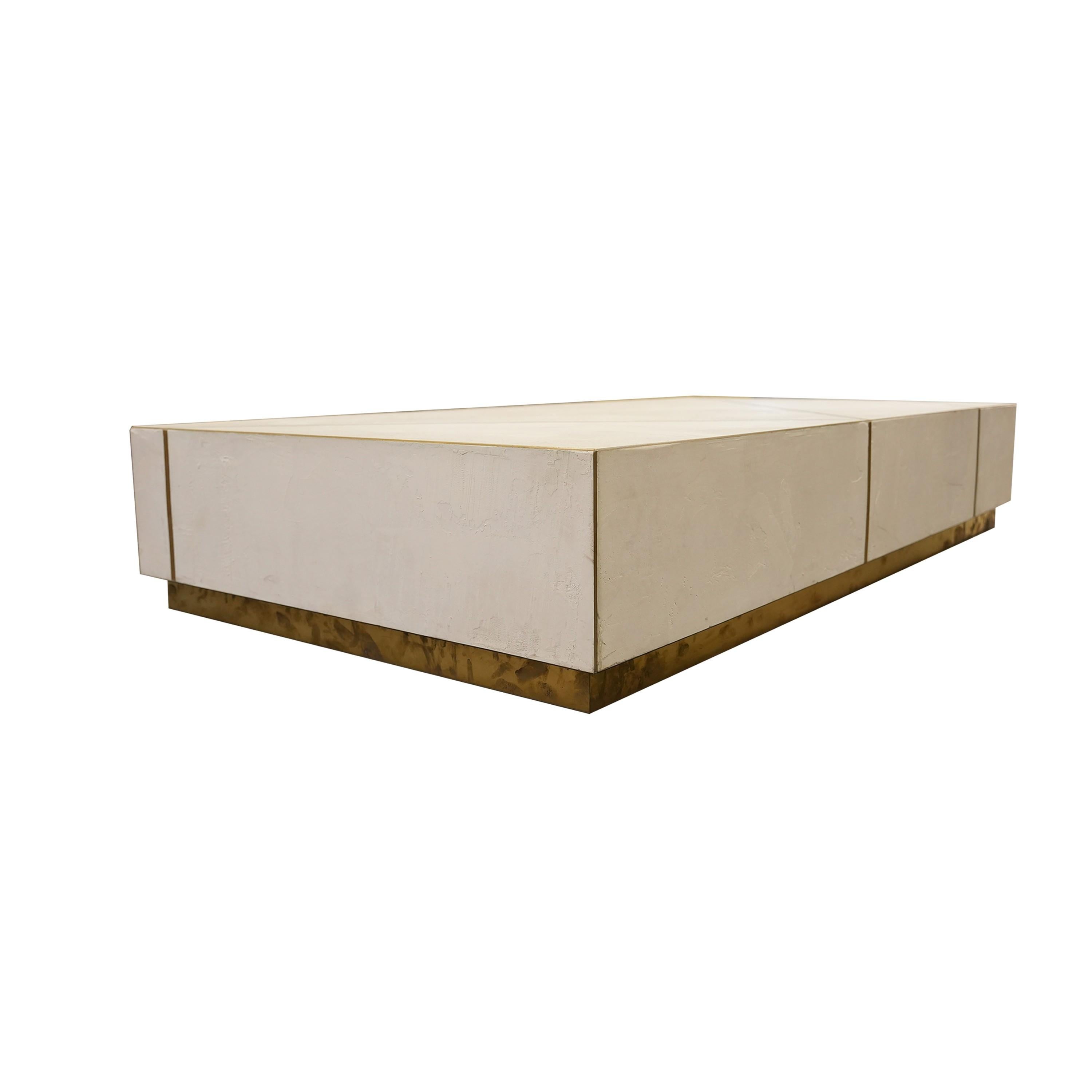 American Custom Hand Troweled Plaster and Brass Coffee Table by Michael Habachy For Sale