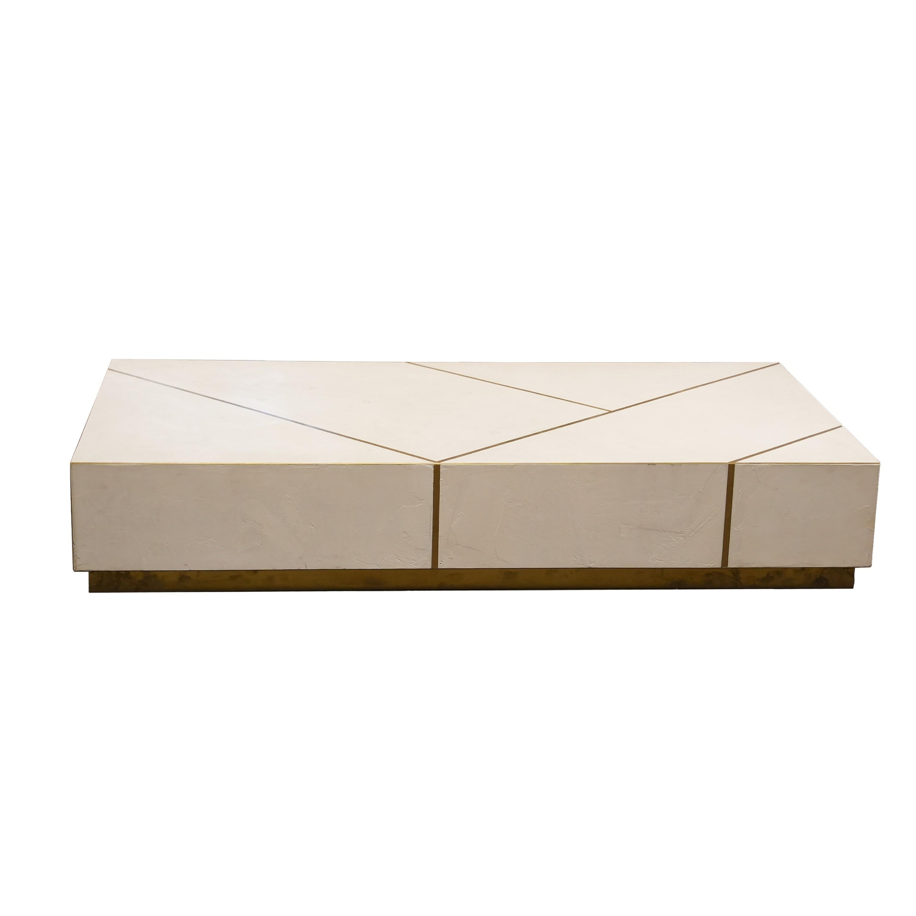 Custom Hand Troweled Plaster and Brass Coffee Table by Michael Habachy For Sale 1
