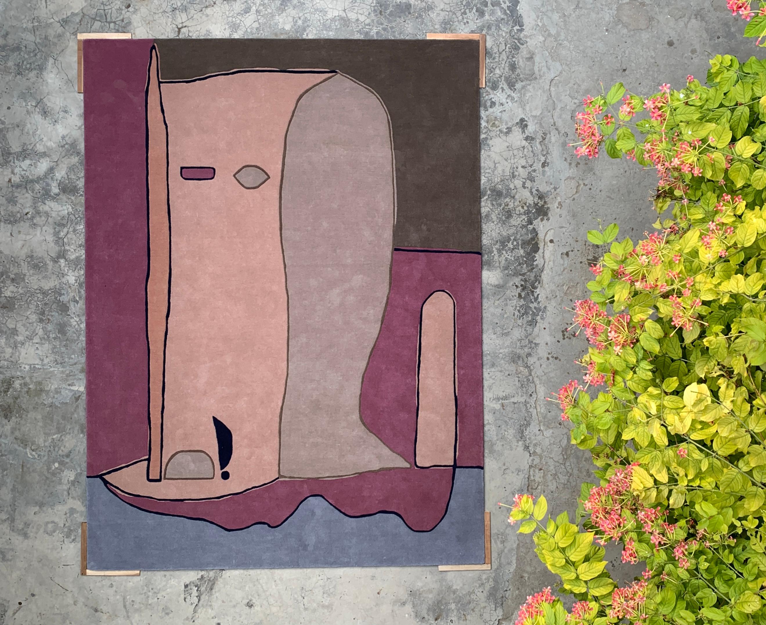 Tapis touffeté à la main, figure de jardin d'après Paul Klee. Rose, crème, Brown en vente 1
