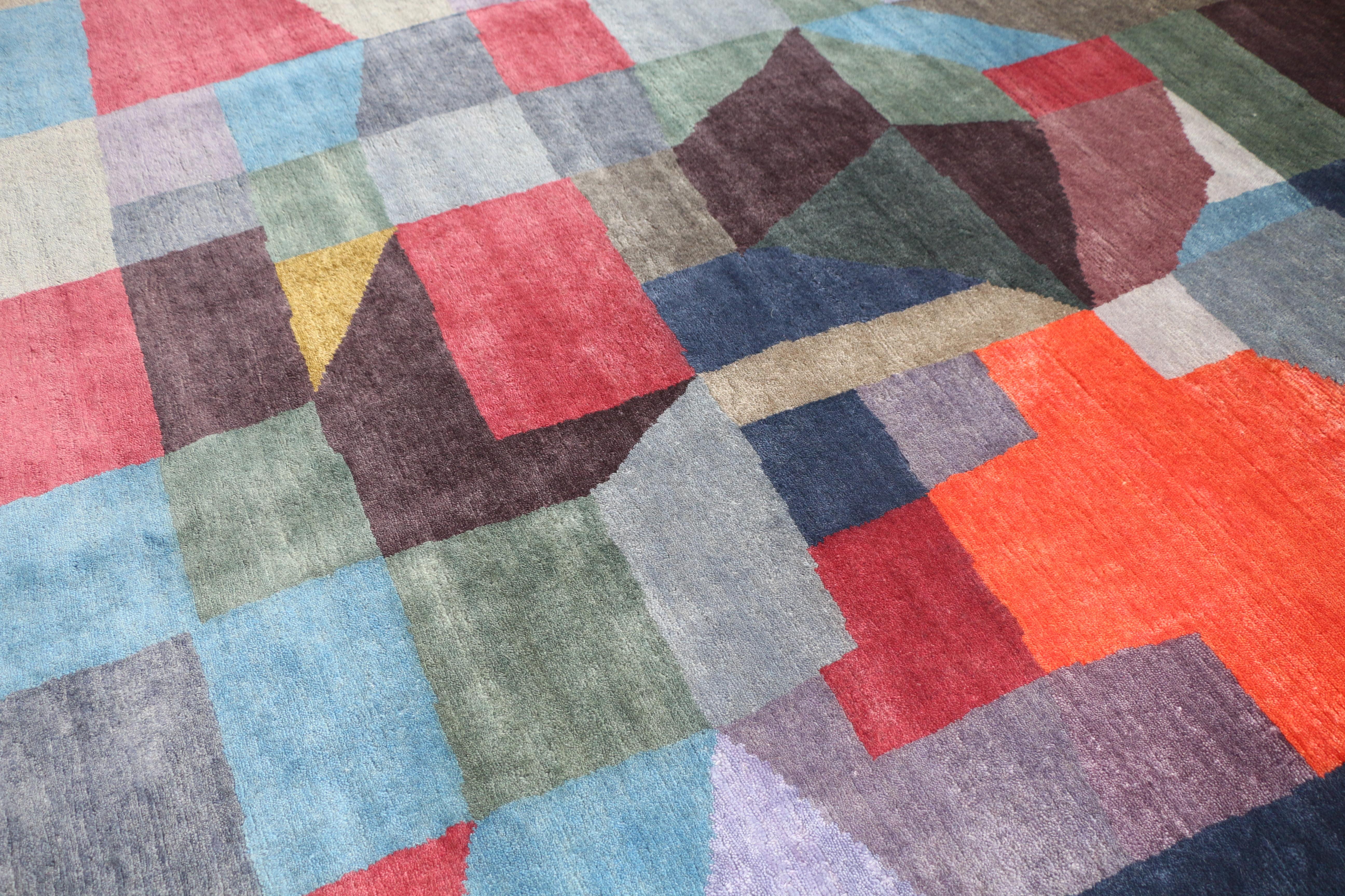 Custom Handknotted Blue Brown Rug, after Paul Klee “Fire at Full Moon”. Bauhaus For Sale 7