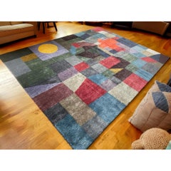 Tapis bleu Brown noué à la main, d'après le feu de Paul Klee à la pleine lune. Bauhaus