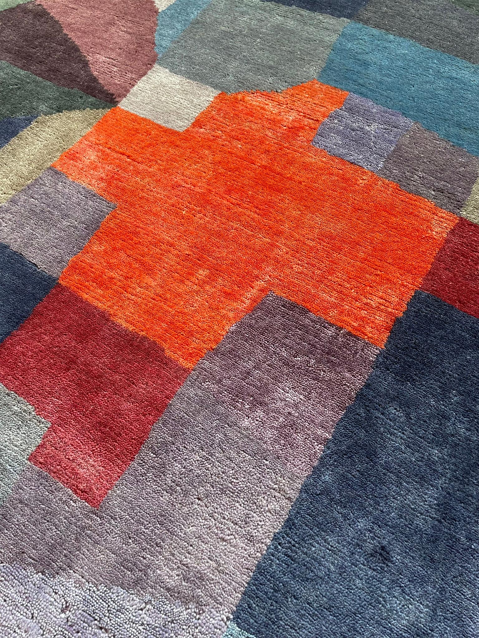 Indian Custom Handknotted Blue Brown Rug, after Paul Klee “Fire at Full Moon”. Bauhaus For Sale