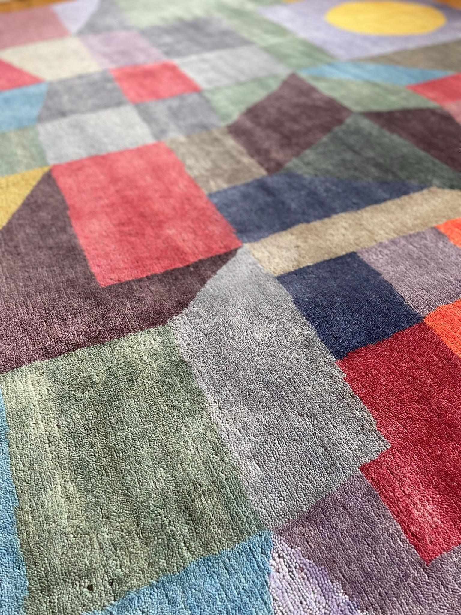 Hand-Knotted Custom Handknotted Blue Brown Rug, after Paul Klee “Fire at Full Moon”. Bauhaus For Sale