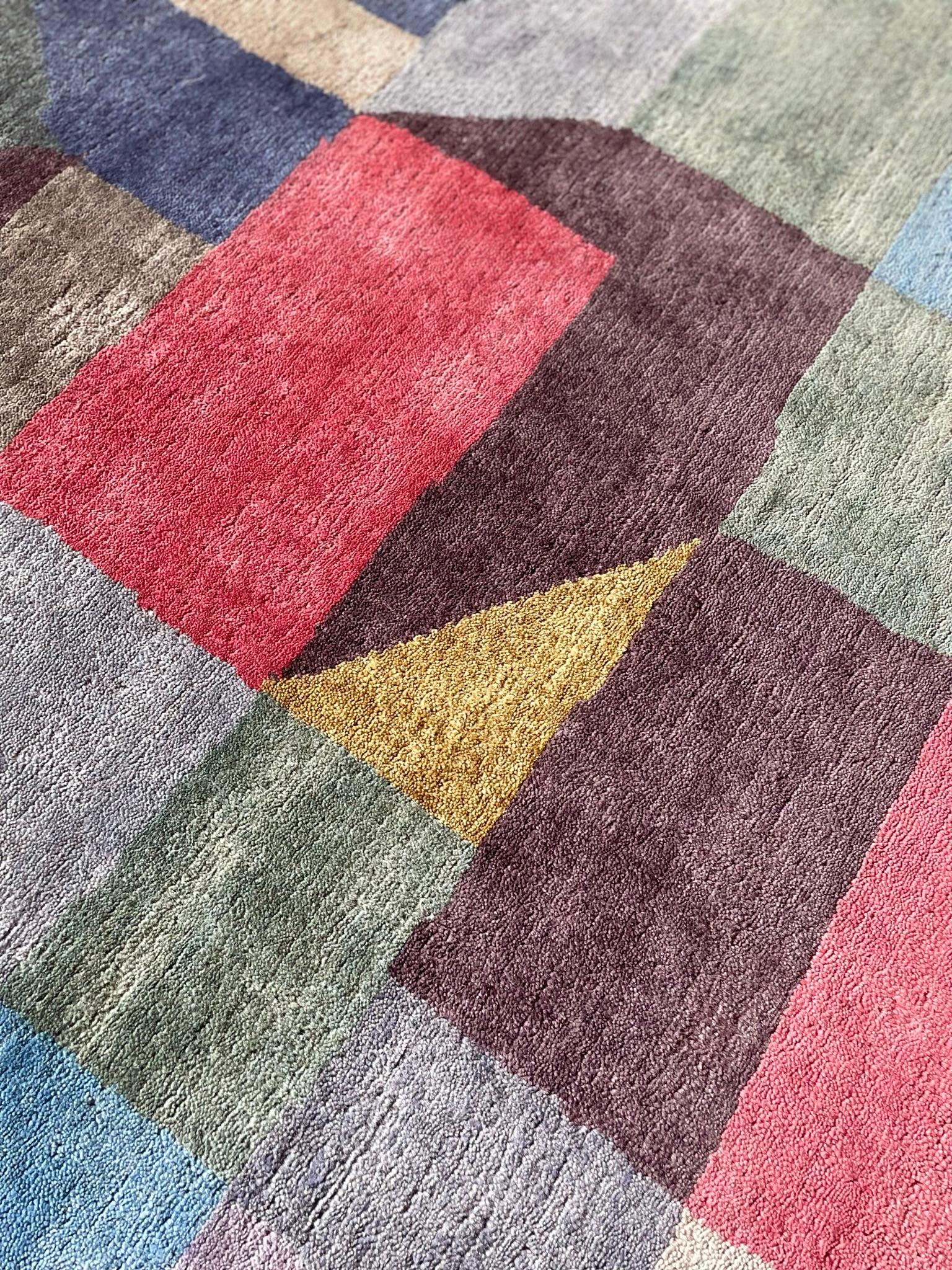 Contemporary Custom Handknotted Blue Brown Rug, after Paul Klee “Fire at Full Moon”. Bauhaus For Sale
