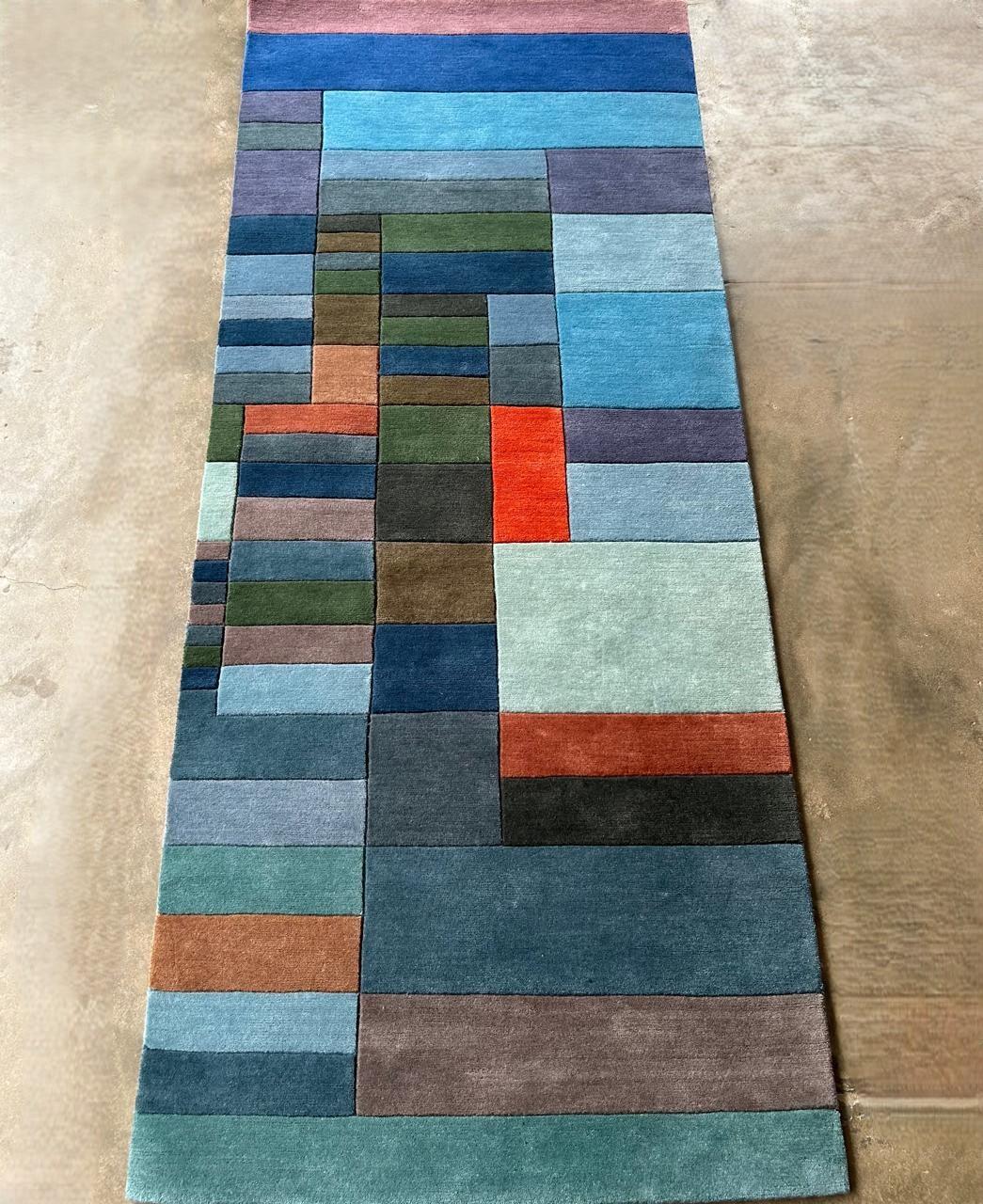 Custom Handknotted Blue Gray Rug, after Paul Klee “Fire in the Evening”. Bauhaus For Sale 3