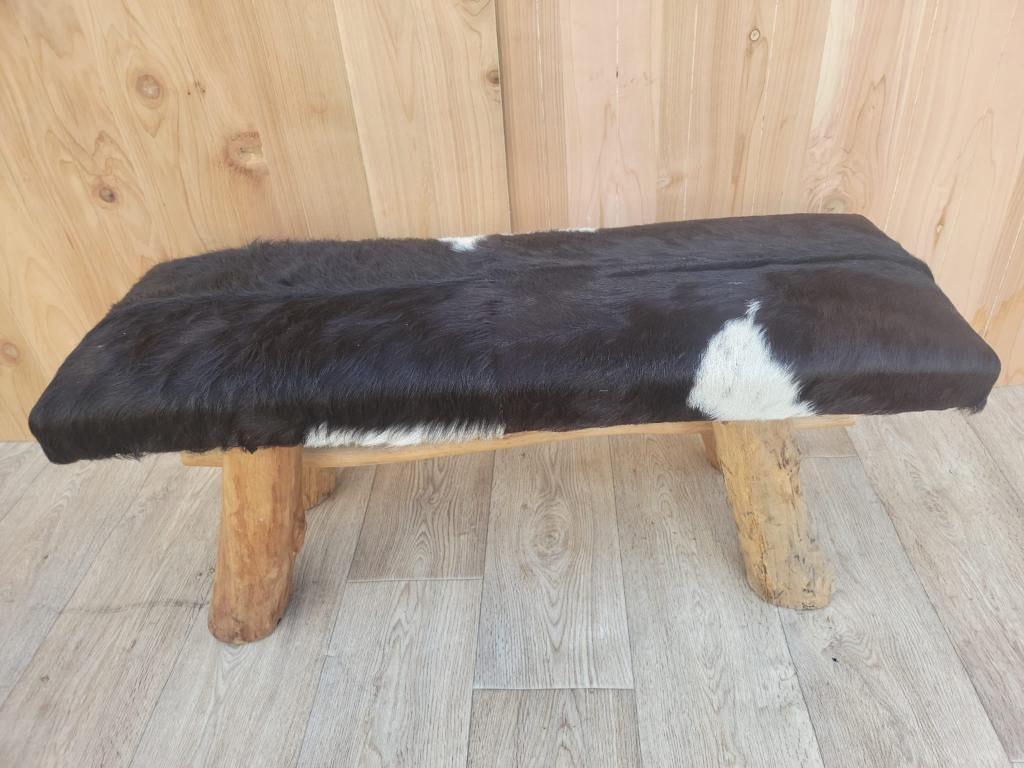 Cowhide Bench Rustic Custom Handmade Black and White Cowhide Bench with Wooden Legs For Sale ...