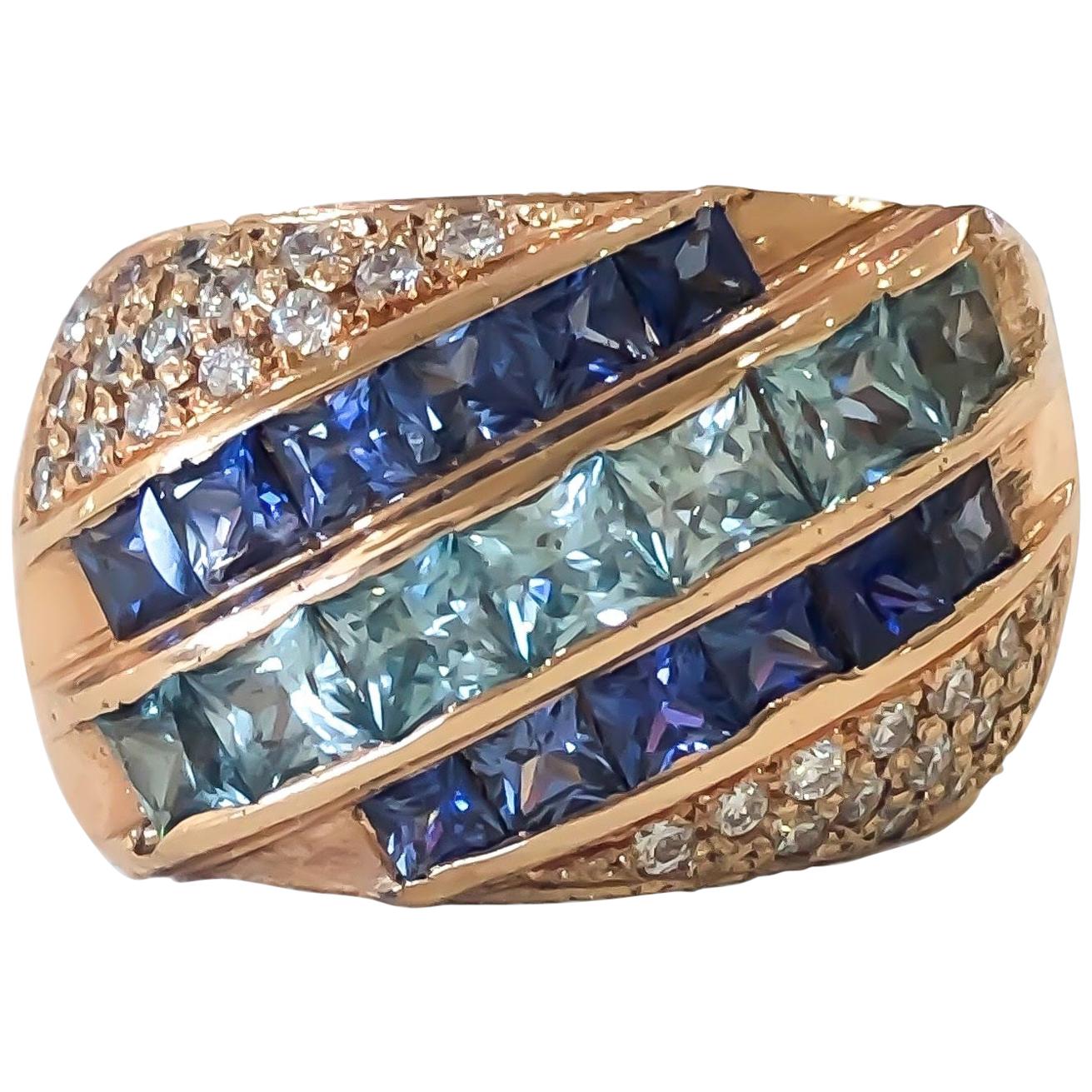 Bague en or rose 18 carats avec saphir bleu et zircon bleu, faite à la main et personnalisée