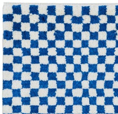 Custom Handmade Checkered Design Tulu Rug in Blue & Ivory. 100% Soft, Cozy Wool