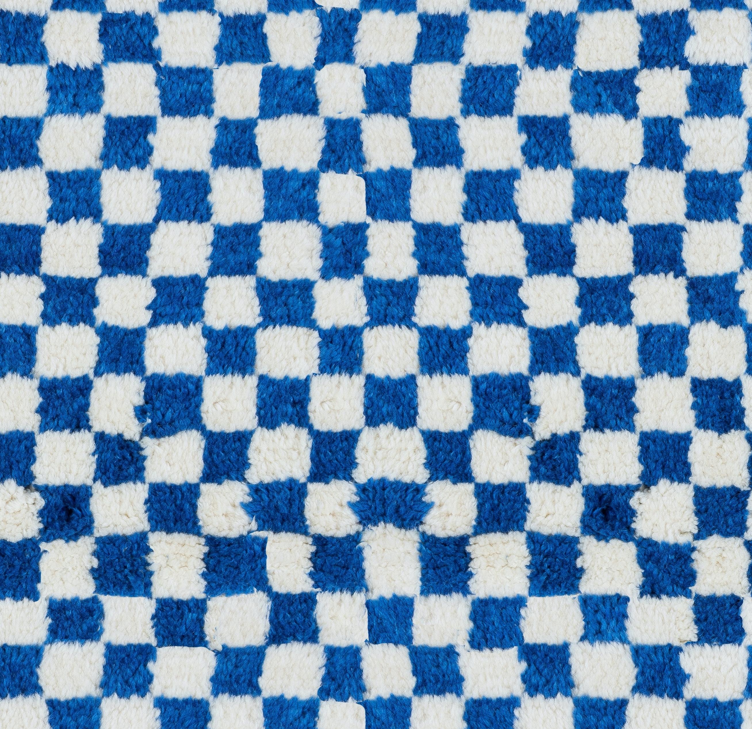 Turkish Custom Handmade Checkered Design Tulu Rug in Blue & Ivory, 100% Soft, Cozy Wool For Sale