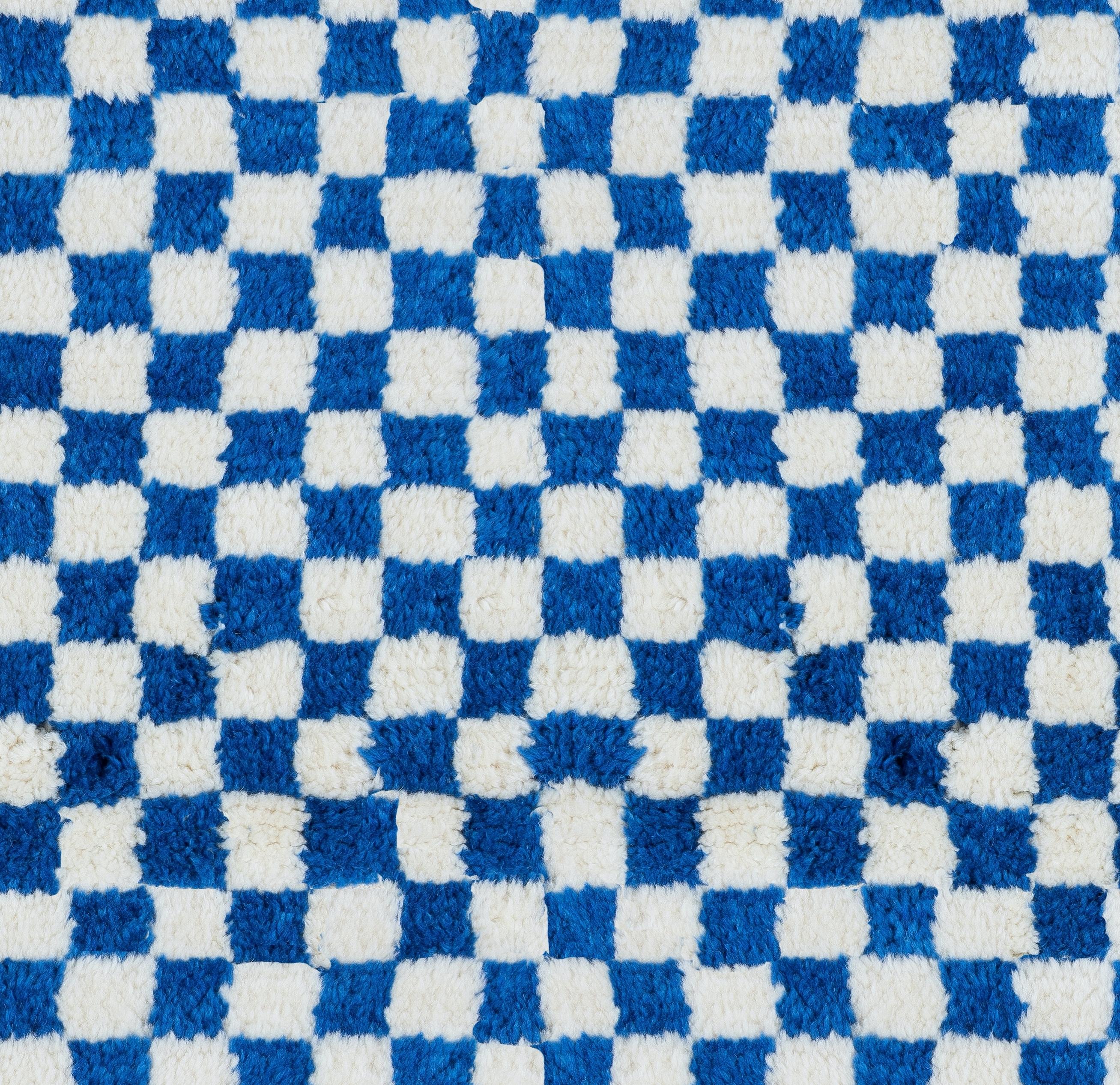 Turc Tapis Tulu à carreaux fait à la main en bleu et ivoire, 100 % laine souple et confortable en vente