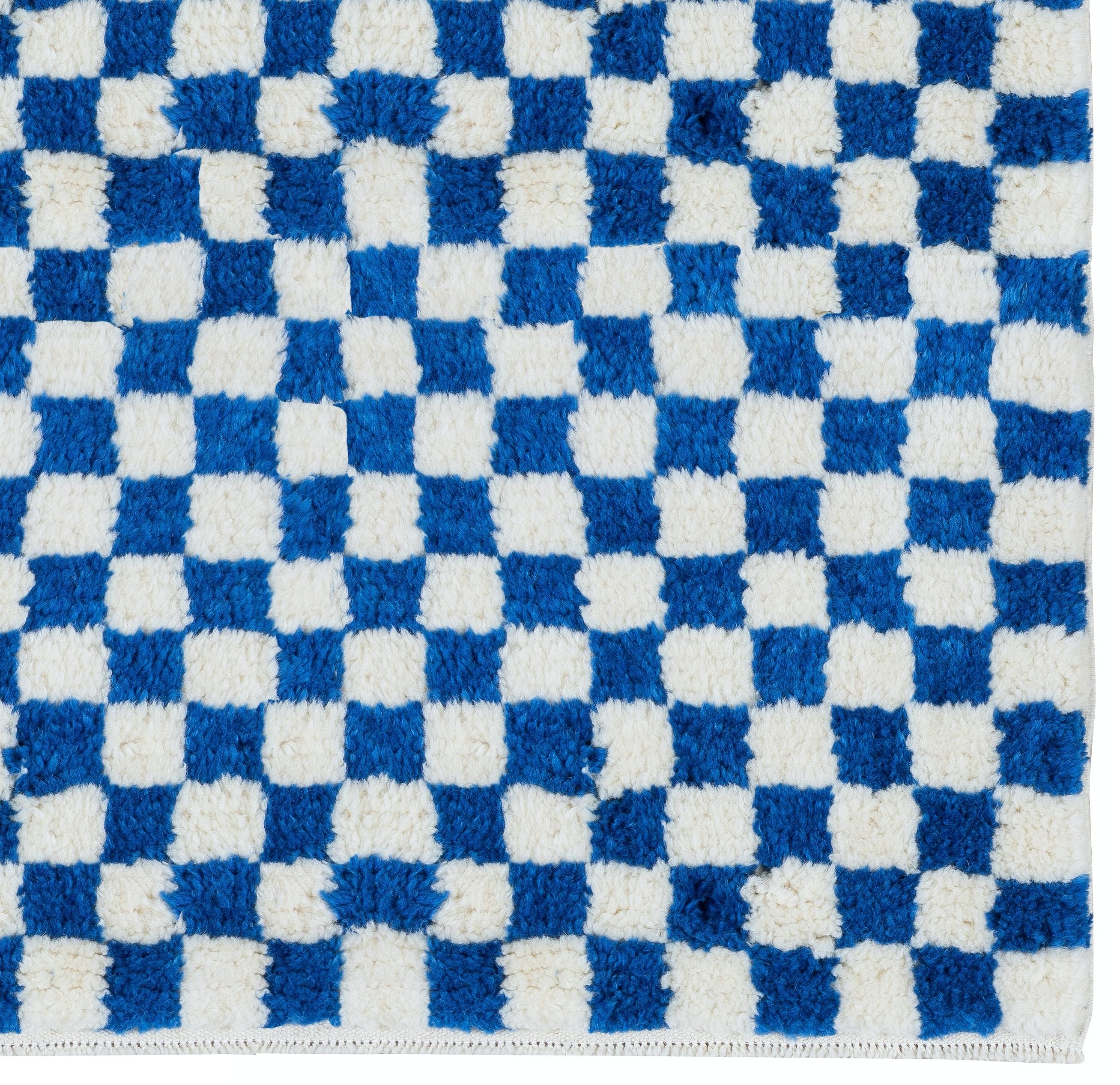 Noué à la main Tapis Tulu à carreaux fait à la main en bleu et ivoire, 100 % laine souple et confortable en vente