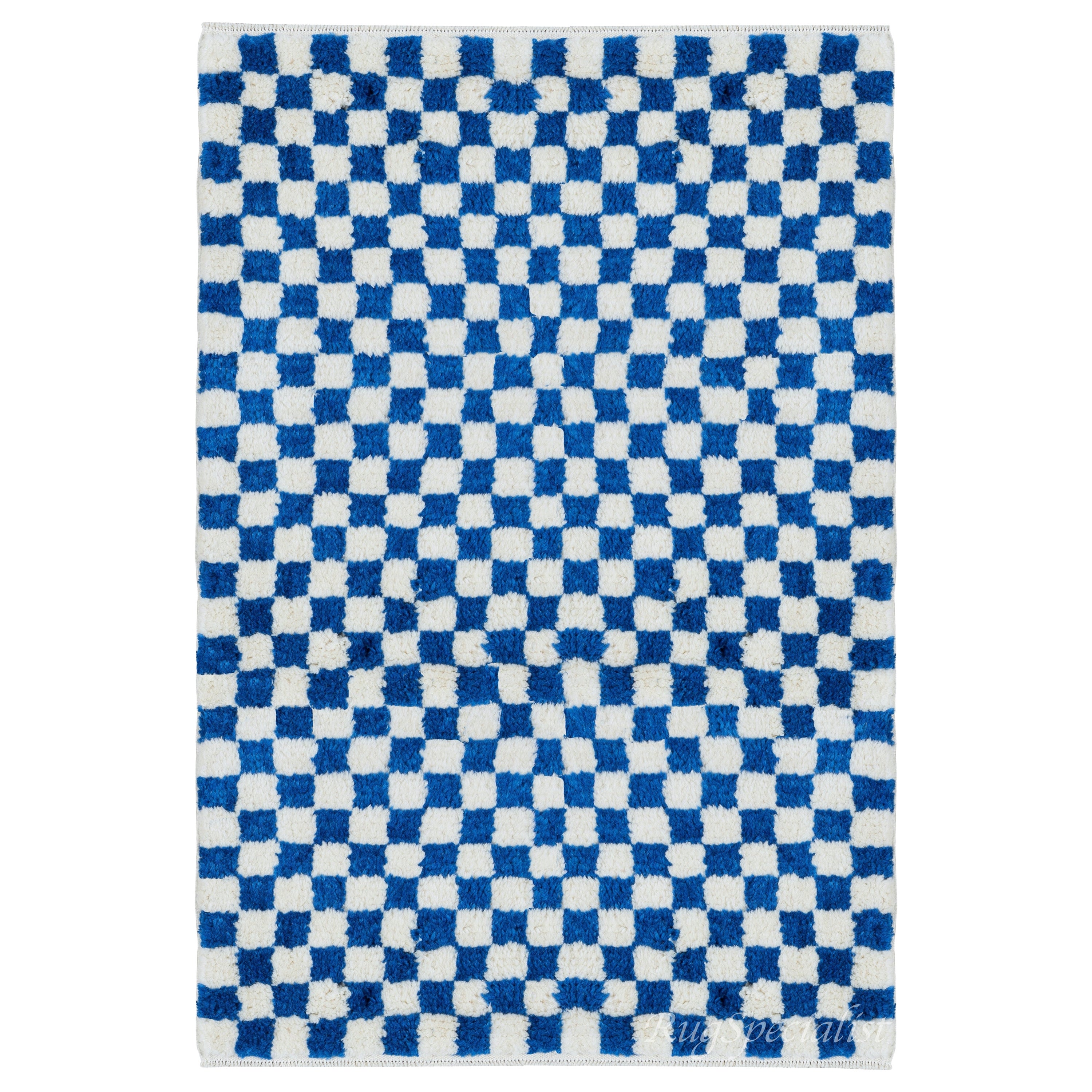 Maßgefertigter handgefertigter Tulu-Teppich im karierten Design in Blau & Elfenbein, 100 % weiche, gemütliche Wolle