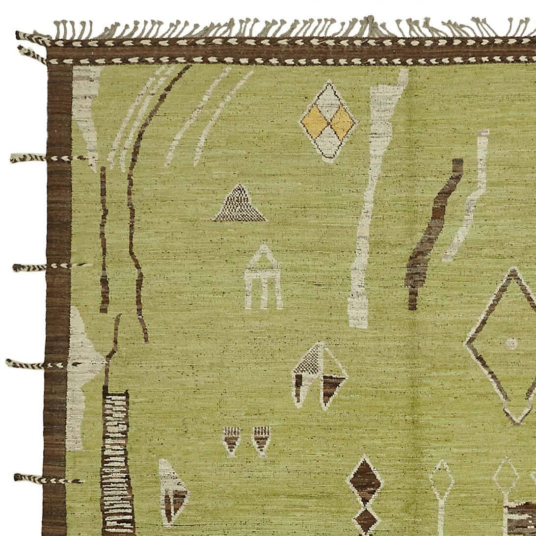 Turkish Modern Handmade Light Green Ground Moroccan Rug with Brown Border. 100% Wool For Sale