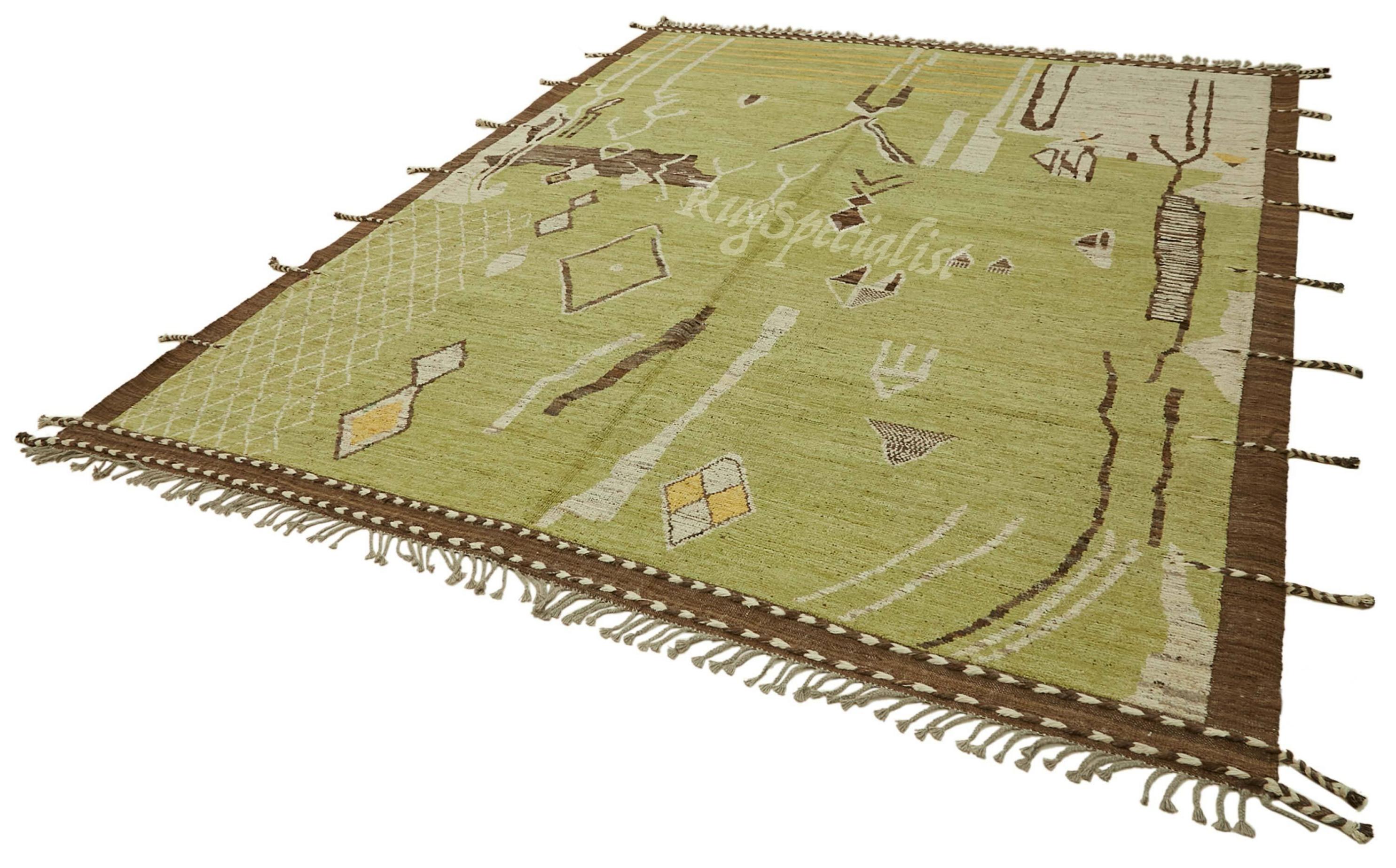 Hand-Knotted Modern Handmade Light Green Ground Moroccan Rug with Brown Border. 100% Wool For Sale