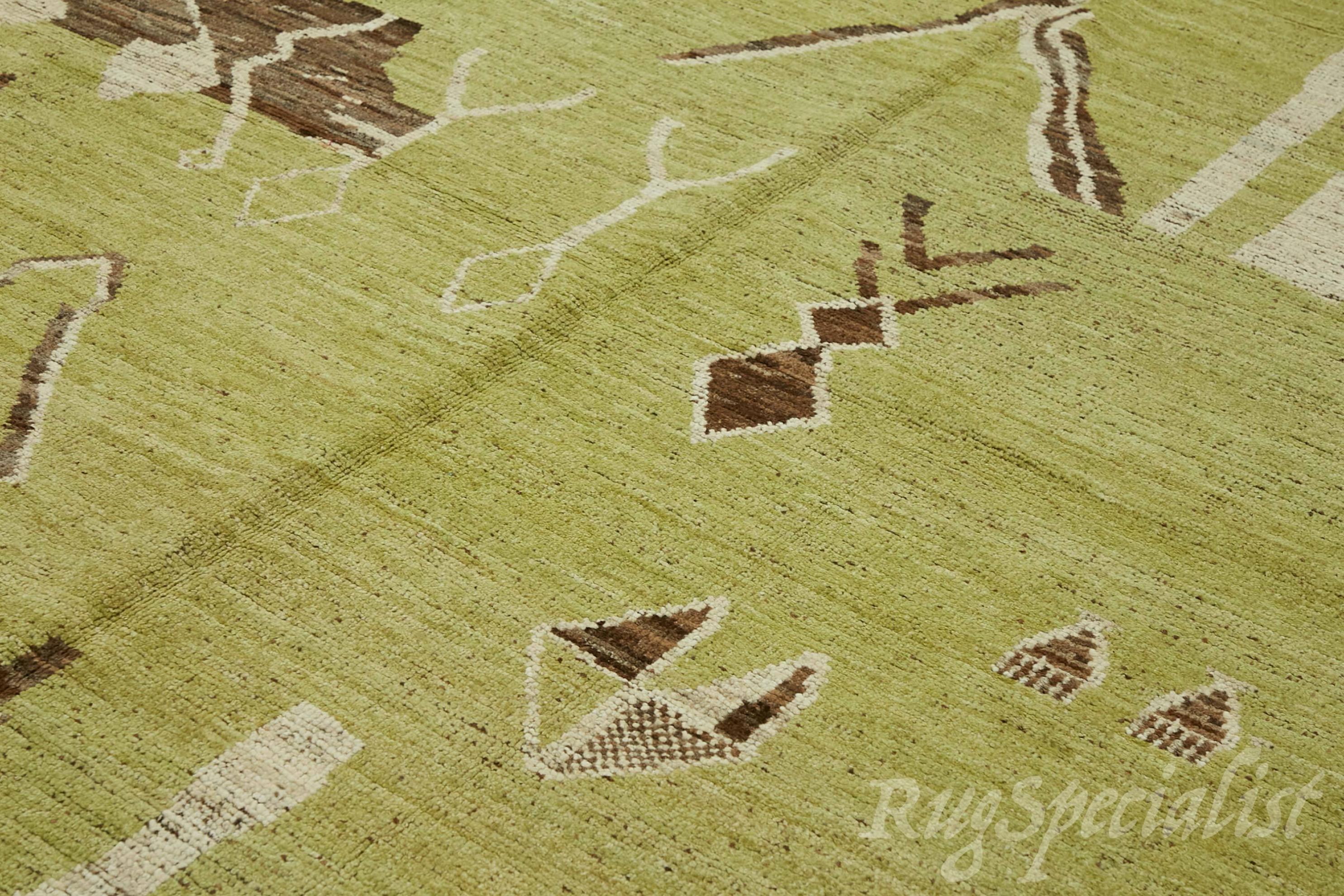 Modern Handmade Light Green Ground Moroccan Rug with Brown Border. 100% Wool In New Condition For Sale In Spring Valley, NY
