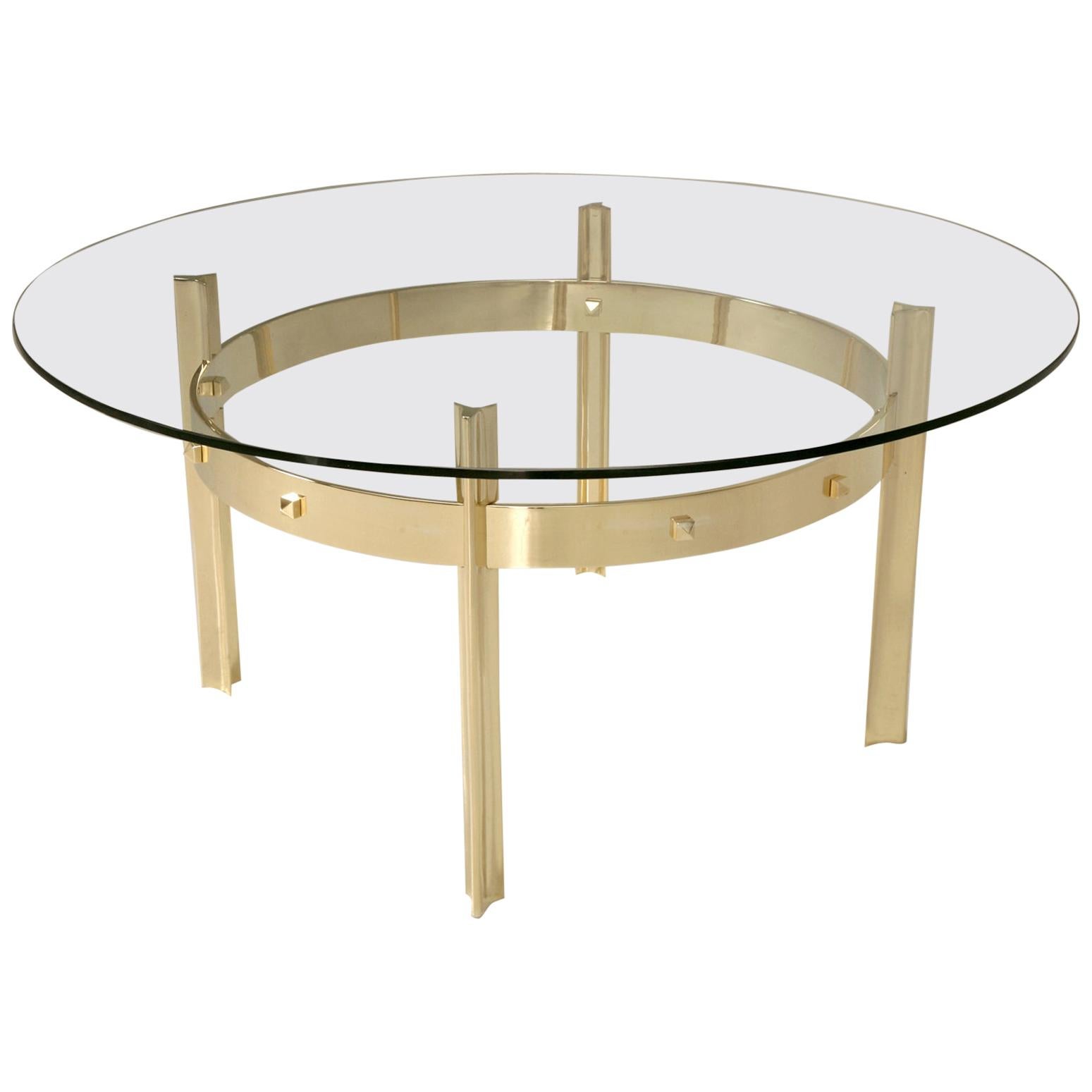 Custom Handmade Modern Polished Brass and Glass Coffee Table or Dining Table