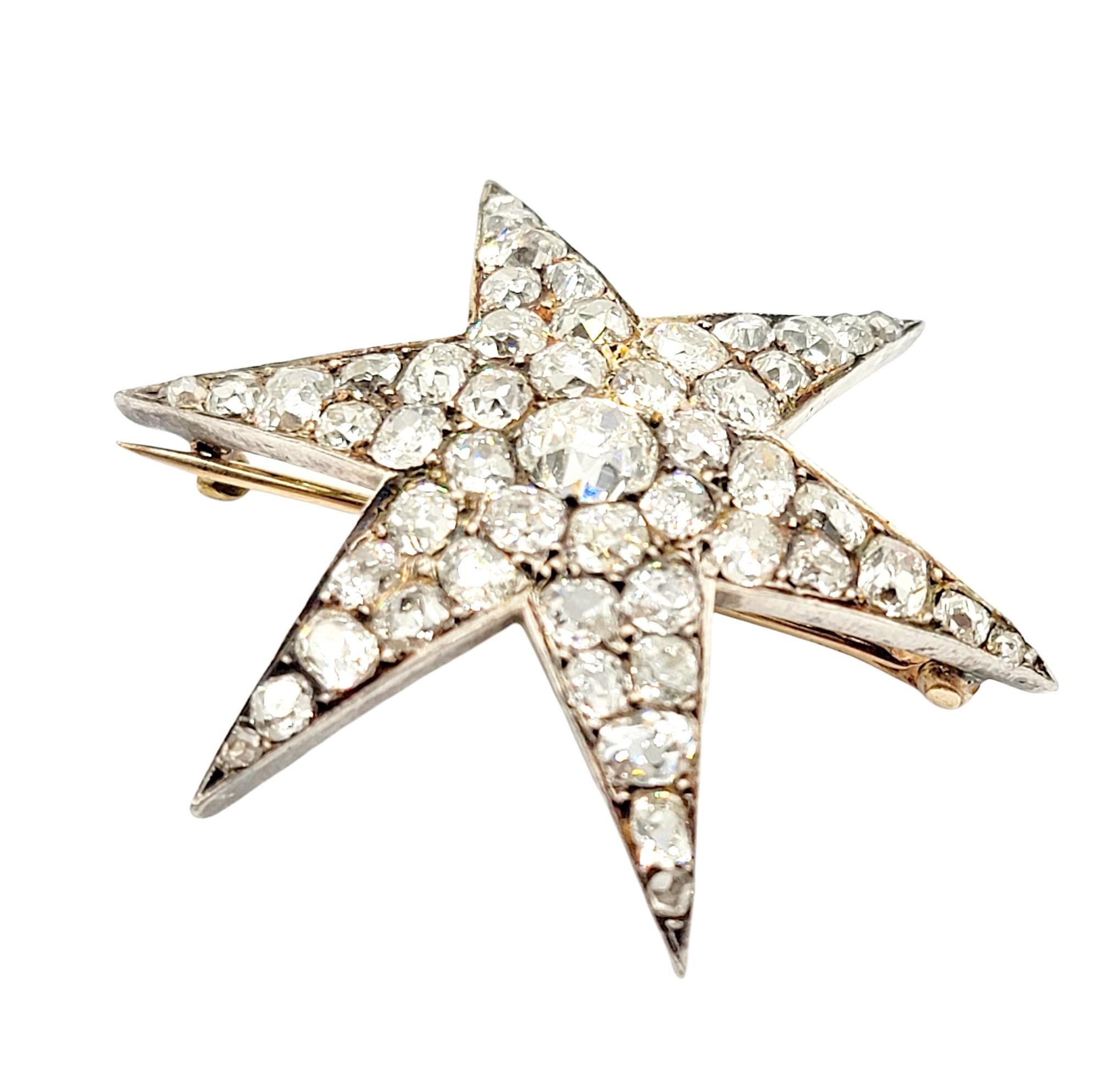 This extraordinary custom one of a kind diamond star brooch will be a lovely addition to your fine jewelry collection. This is a timeless brooch with exquisite fine details from the Victorian Era. 

The brooch is made of 14 karat yellow gold clad