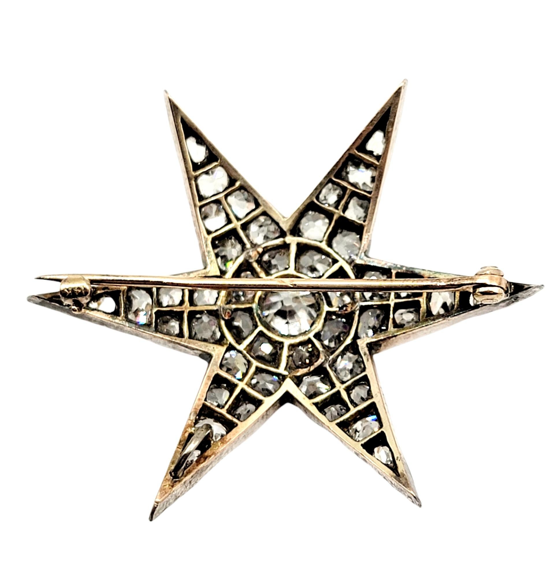 Old European Cut Custom Handmade Victorian 7.05 CTW Diamond Star Brooch / Pendant Gold & Sterling