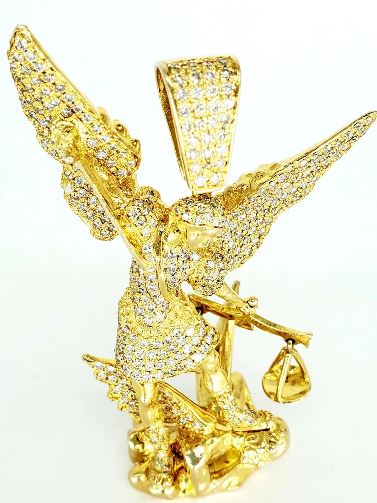 Fully iced out Custom 17 Carat Diamonds Saint Michael 14k Gold Pendant. The pendant measures 3 inches tall by 2 inches wide. Approx 17 carat of diamonds. The pendant is very heavy weighting 94.3 grams. There are approx 340 diamonds in this pendant. 