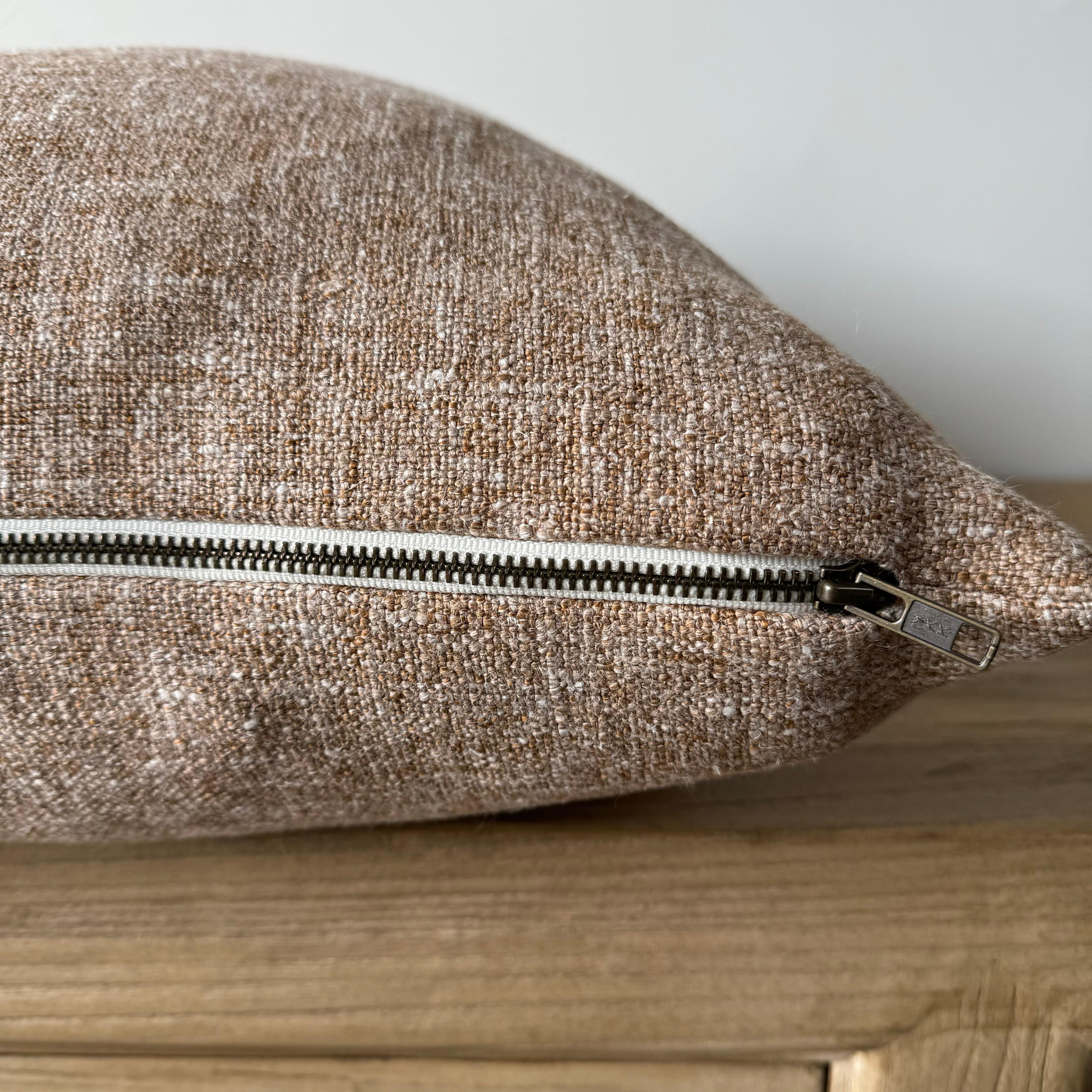 Contemporary Custom Heavy Textured Linen Pillow in Bejmat Brown with Down Insert For Sale