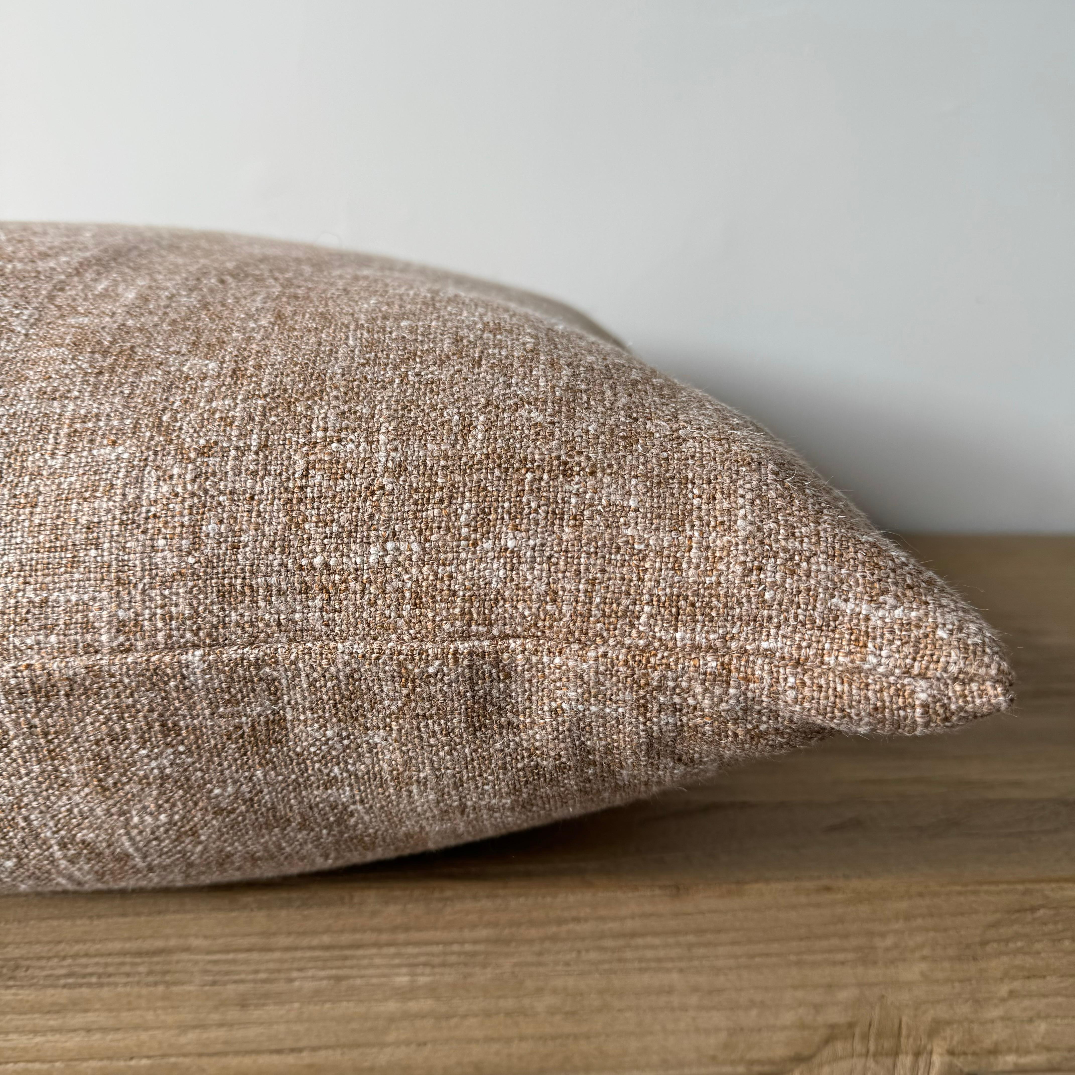 Custom Heavy Textured Linen Pillow in Bejmat Brown with Down Insert For Sale 1
