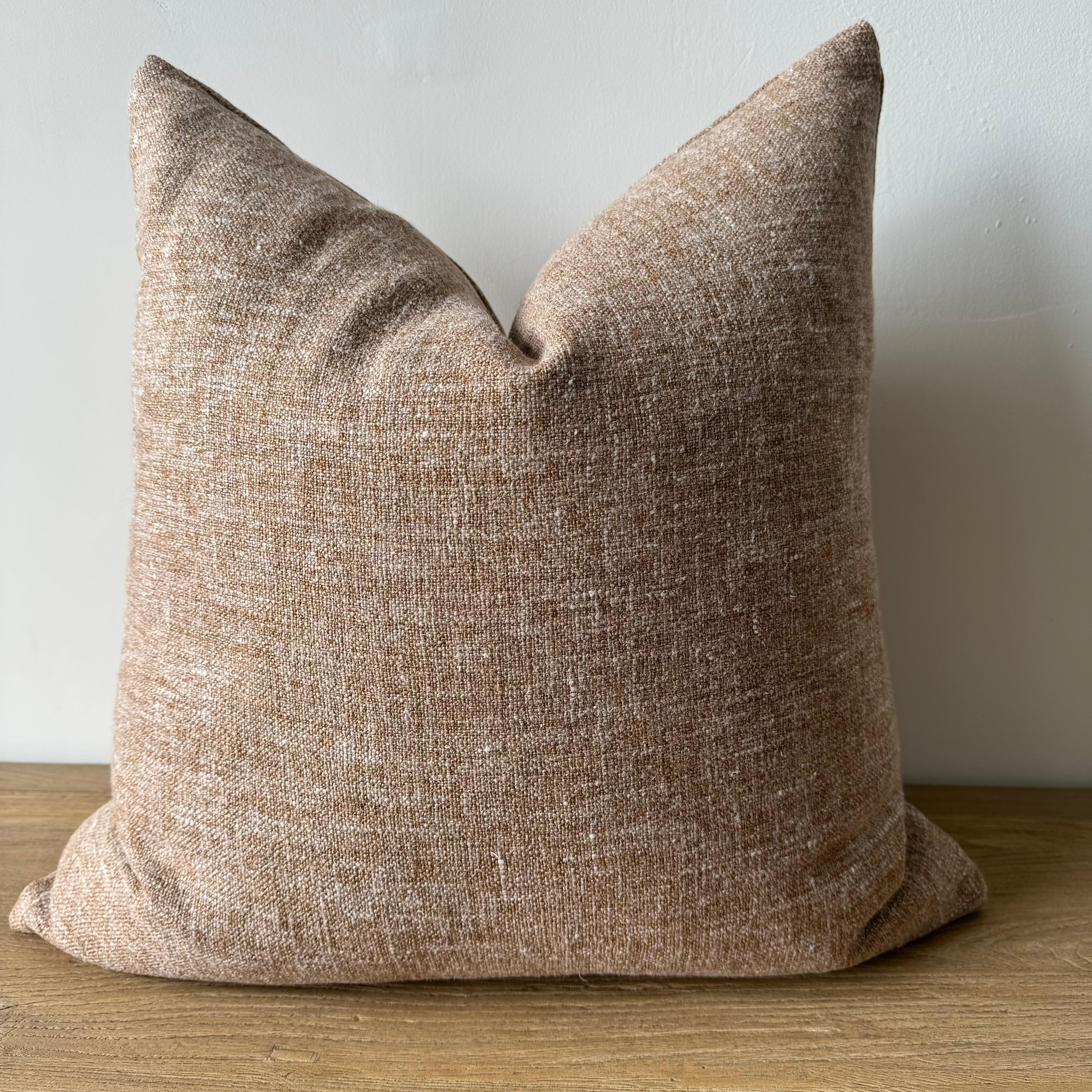 Custom Heavy Textured Linen Pillow in Bejmat Brown with Down Insert For Sale 2